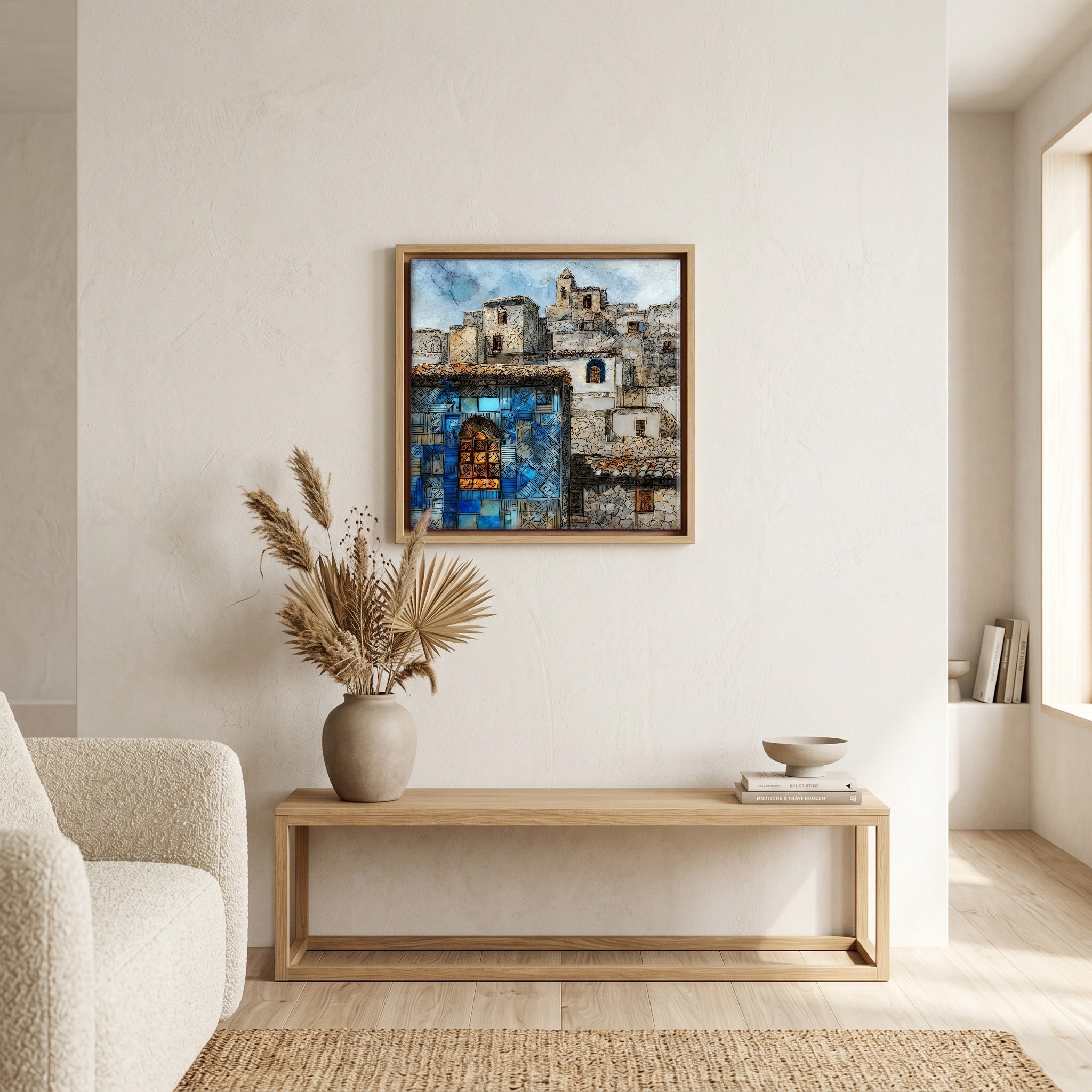 In the living room, above the sofa.
