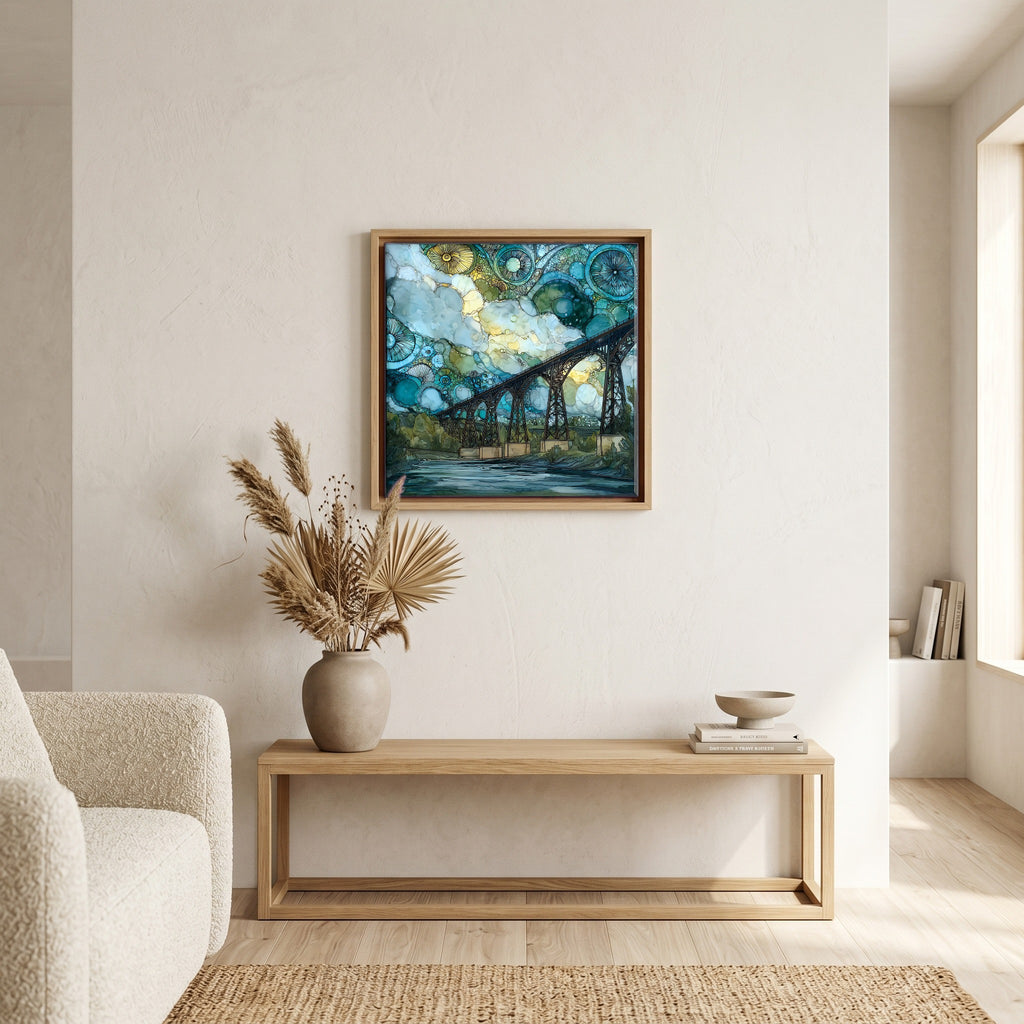 In the living room, above the sofa.
