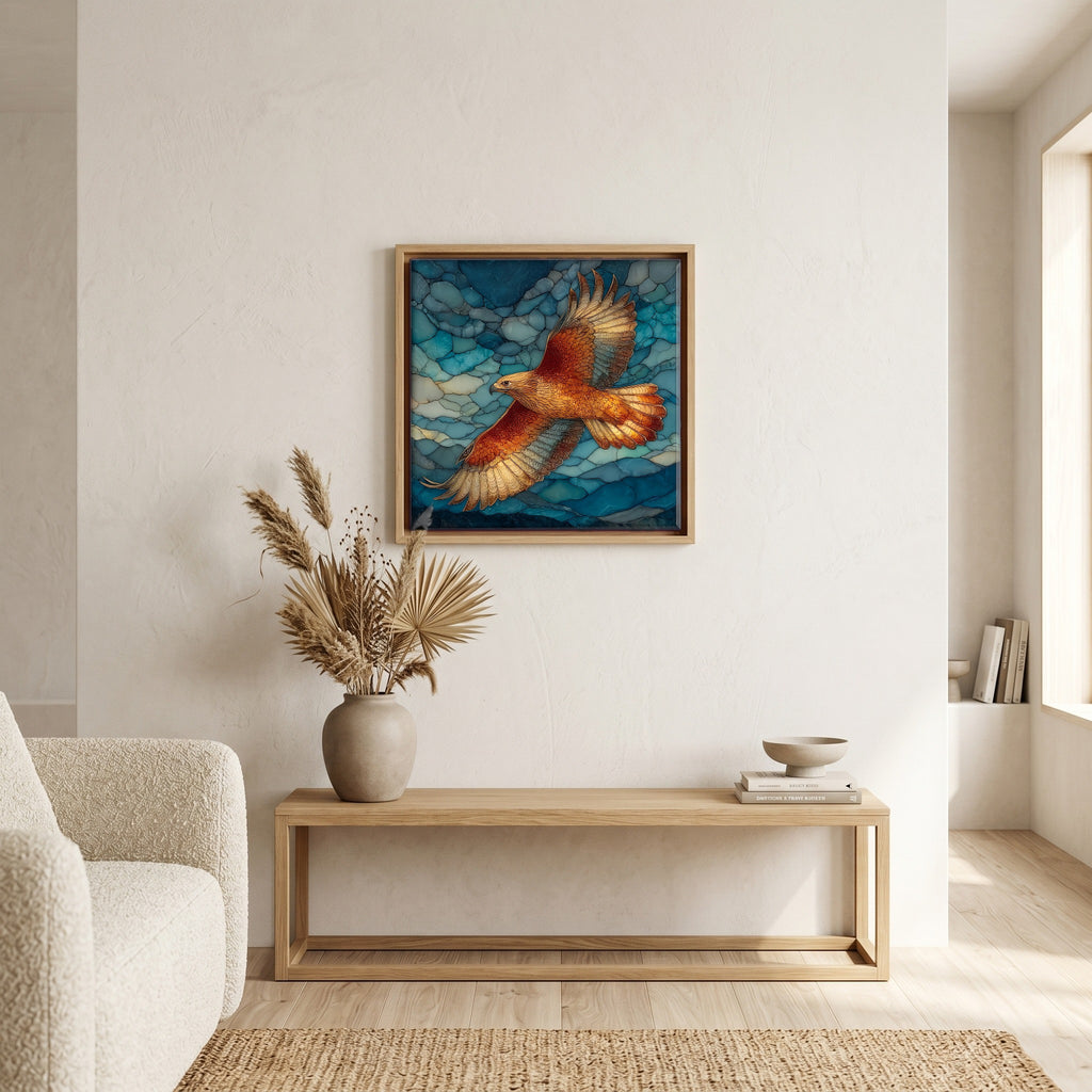 In the living room, above the sofa.