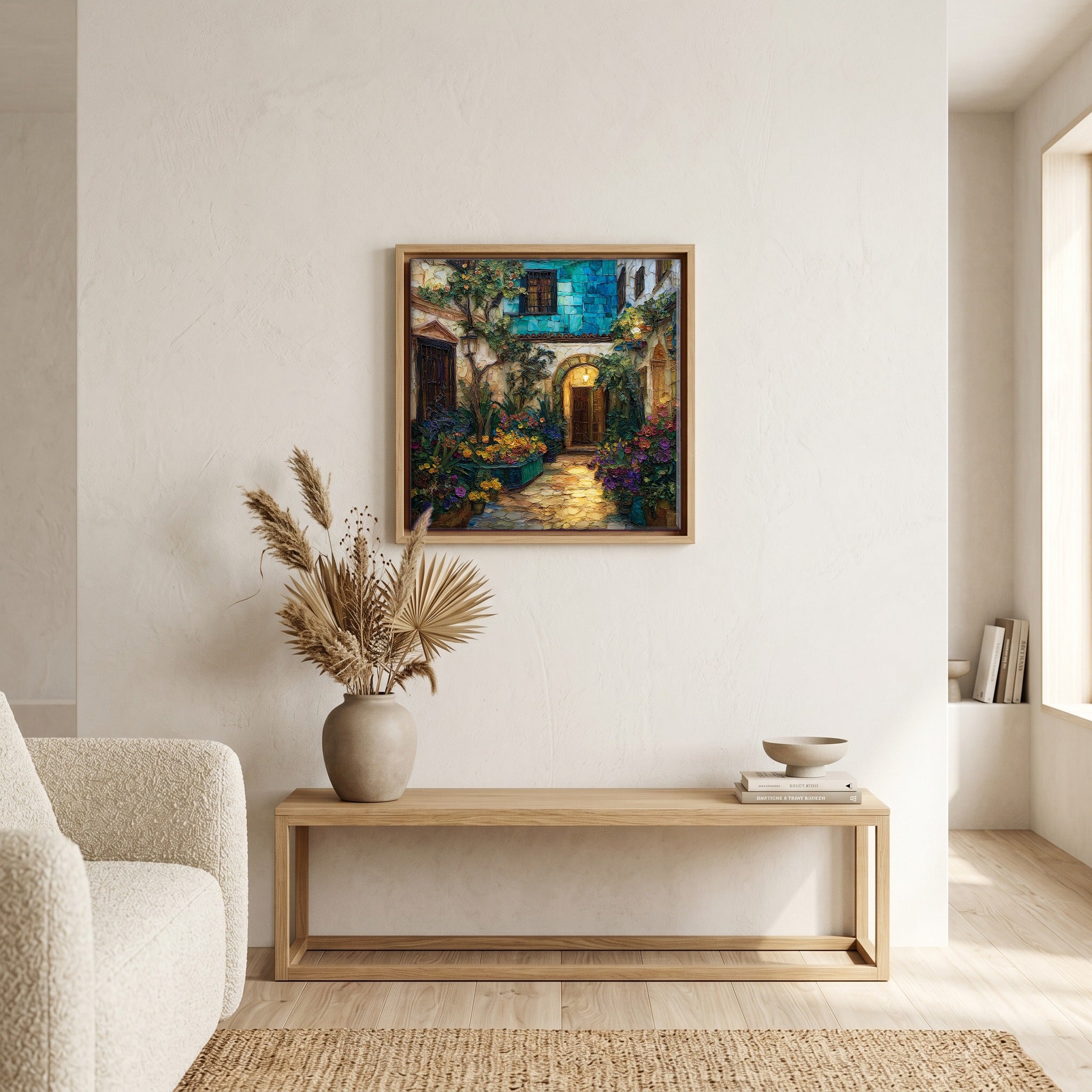 In the living room, above the sofa.