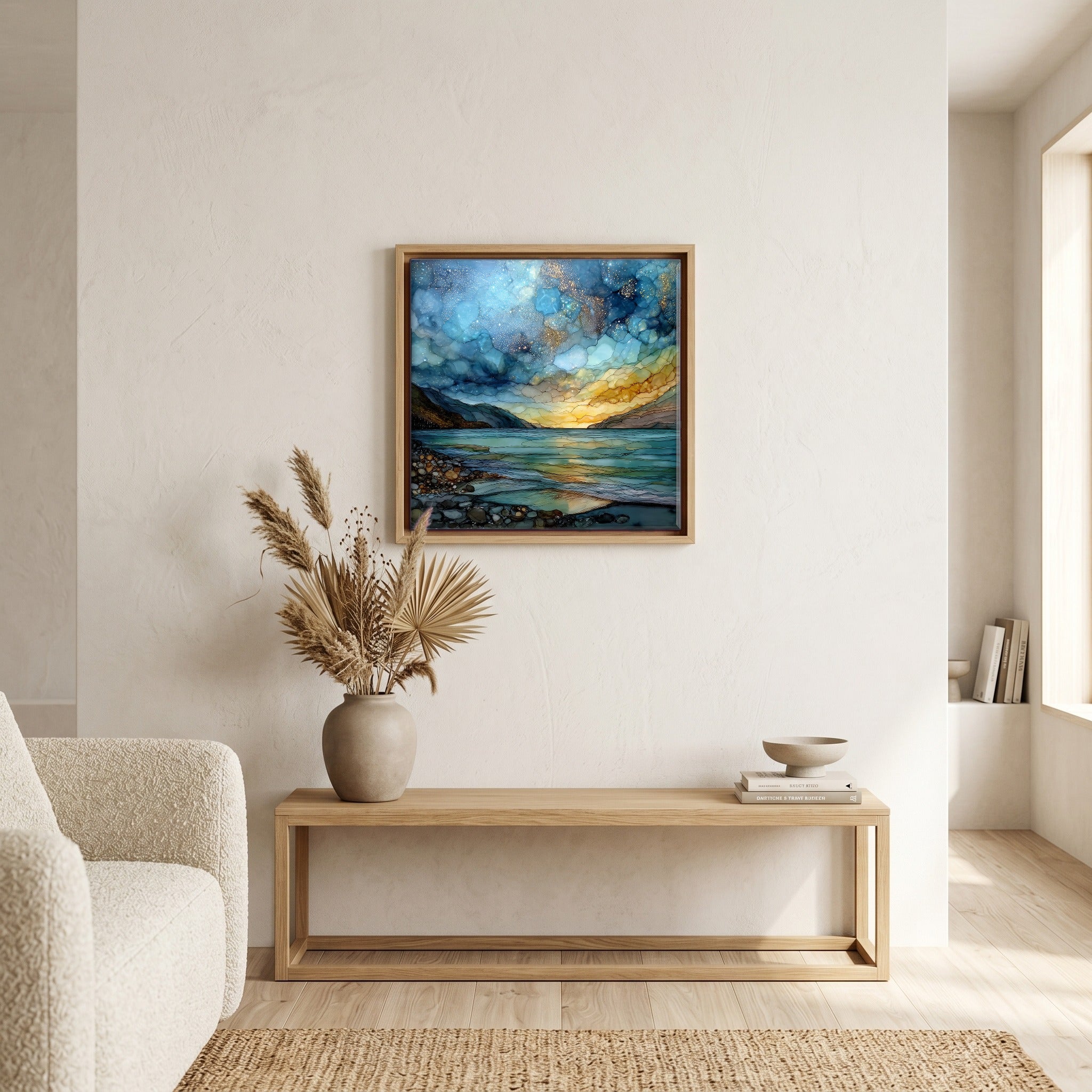 In the living room, above the sofa.