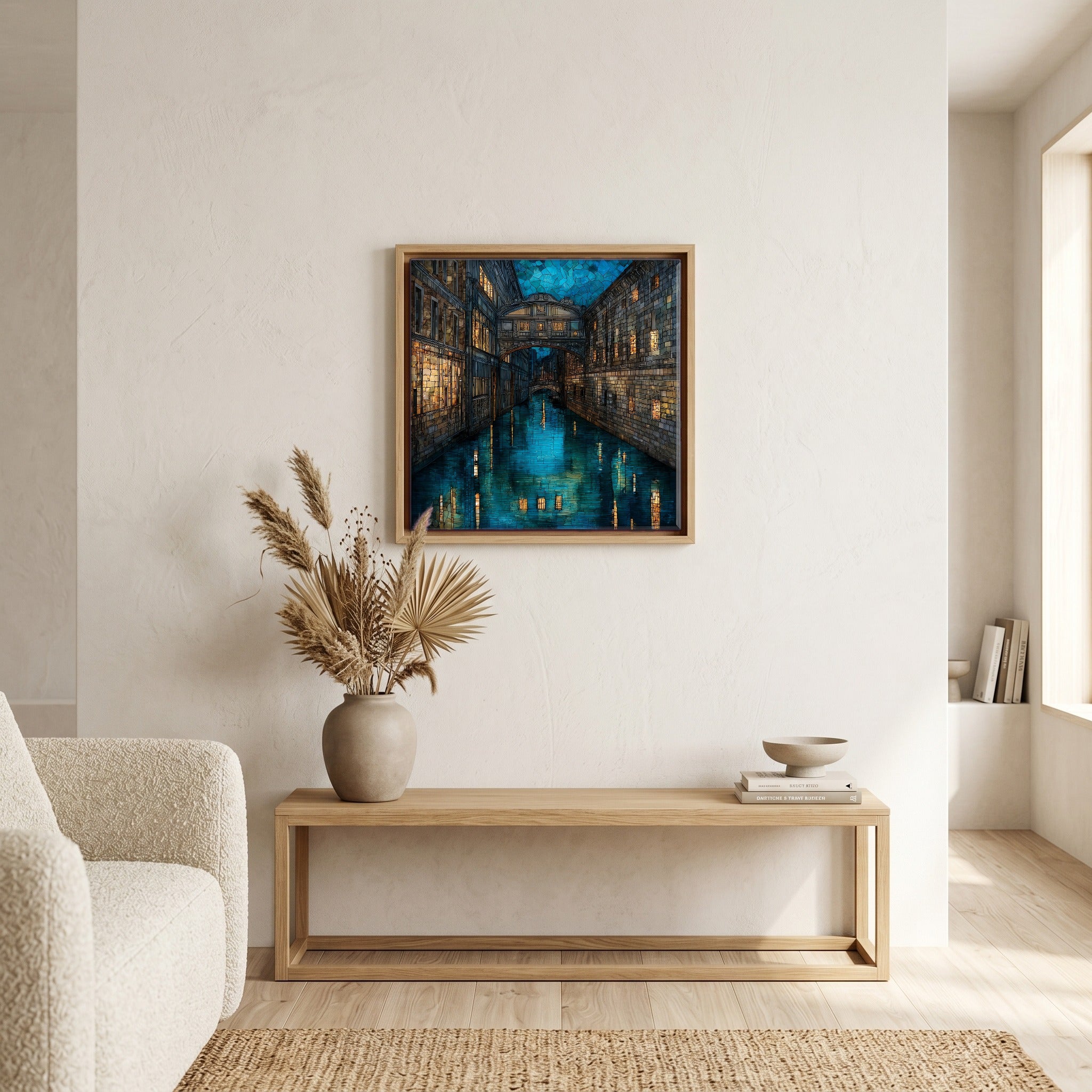 Above the bench, in a warm oak surround.