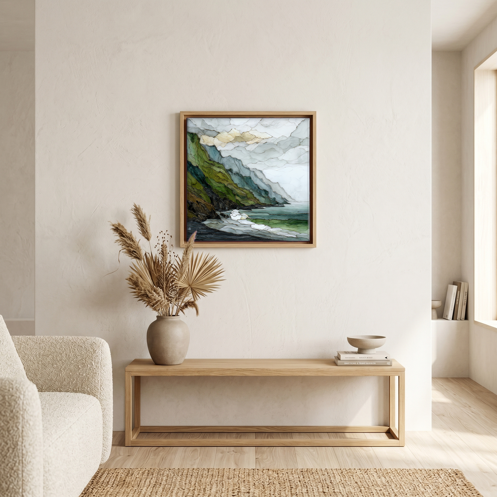Above the bench, in a warm oak surround.