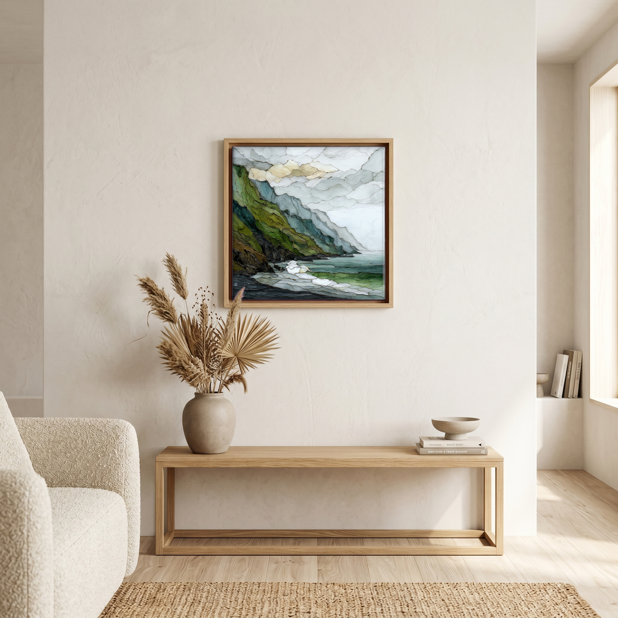 Above the bench, in a warm oak surround.