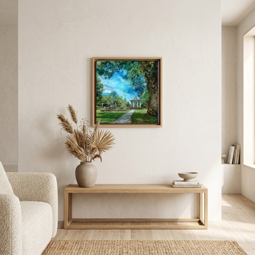 In the living room, above the sofa.