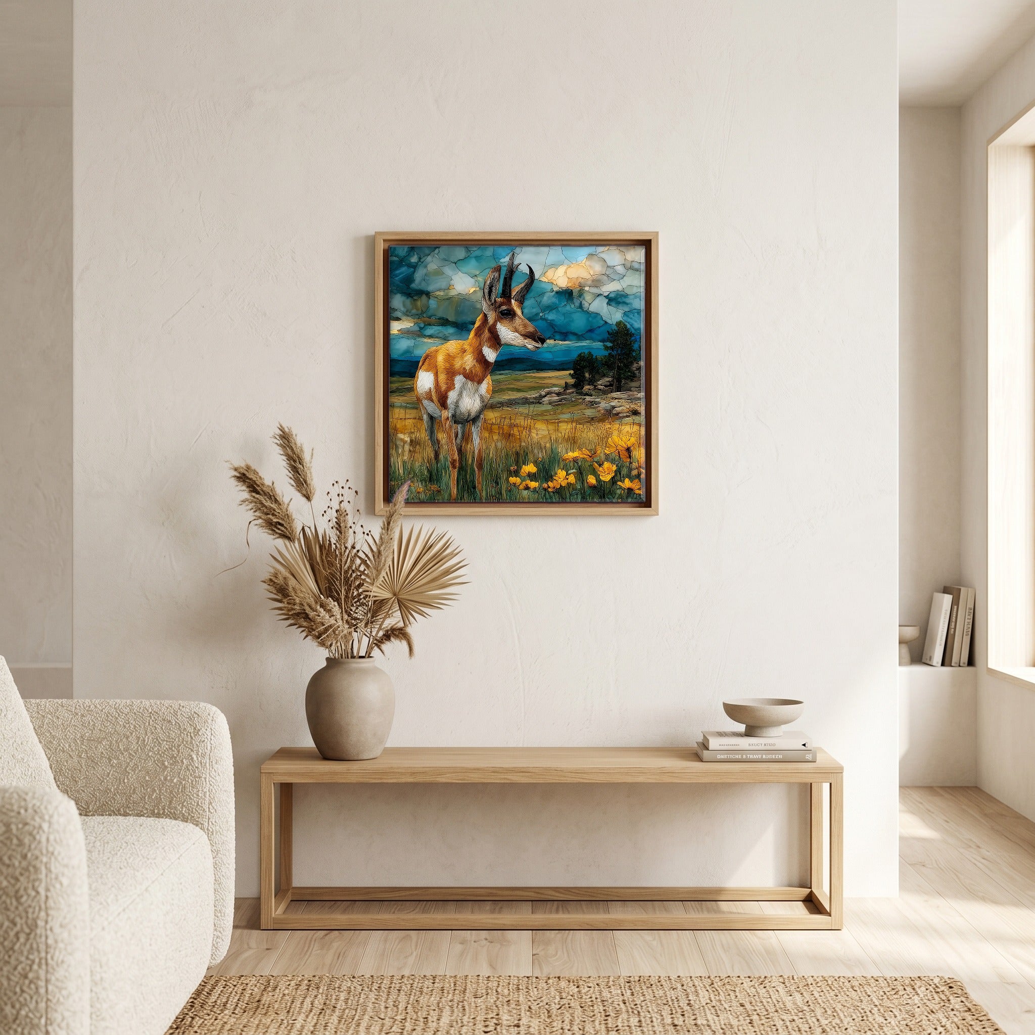 In the living room, above the sofa.