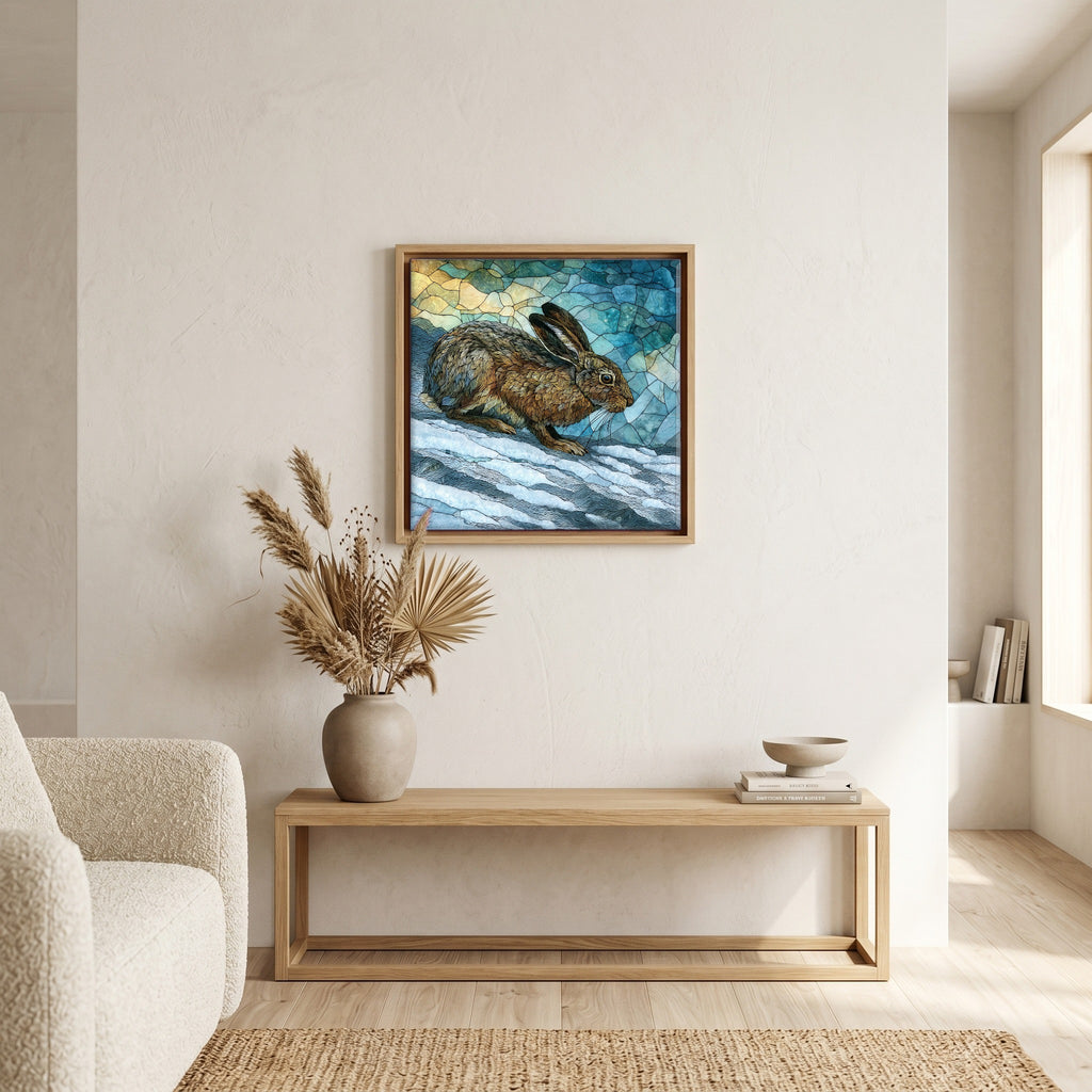 In the living room, above the sofa.