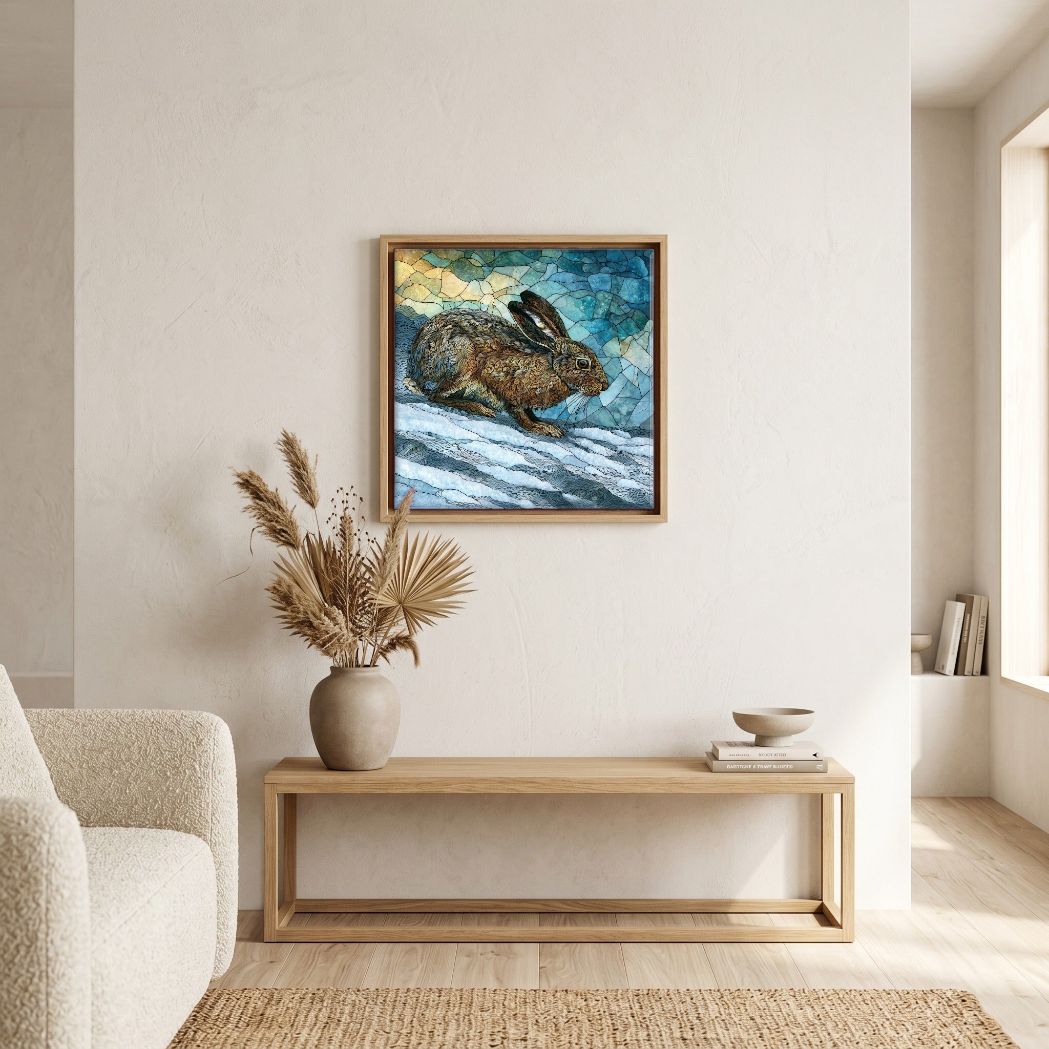 In the living room, above the sofa.