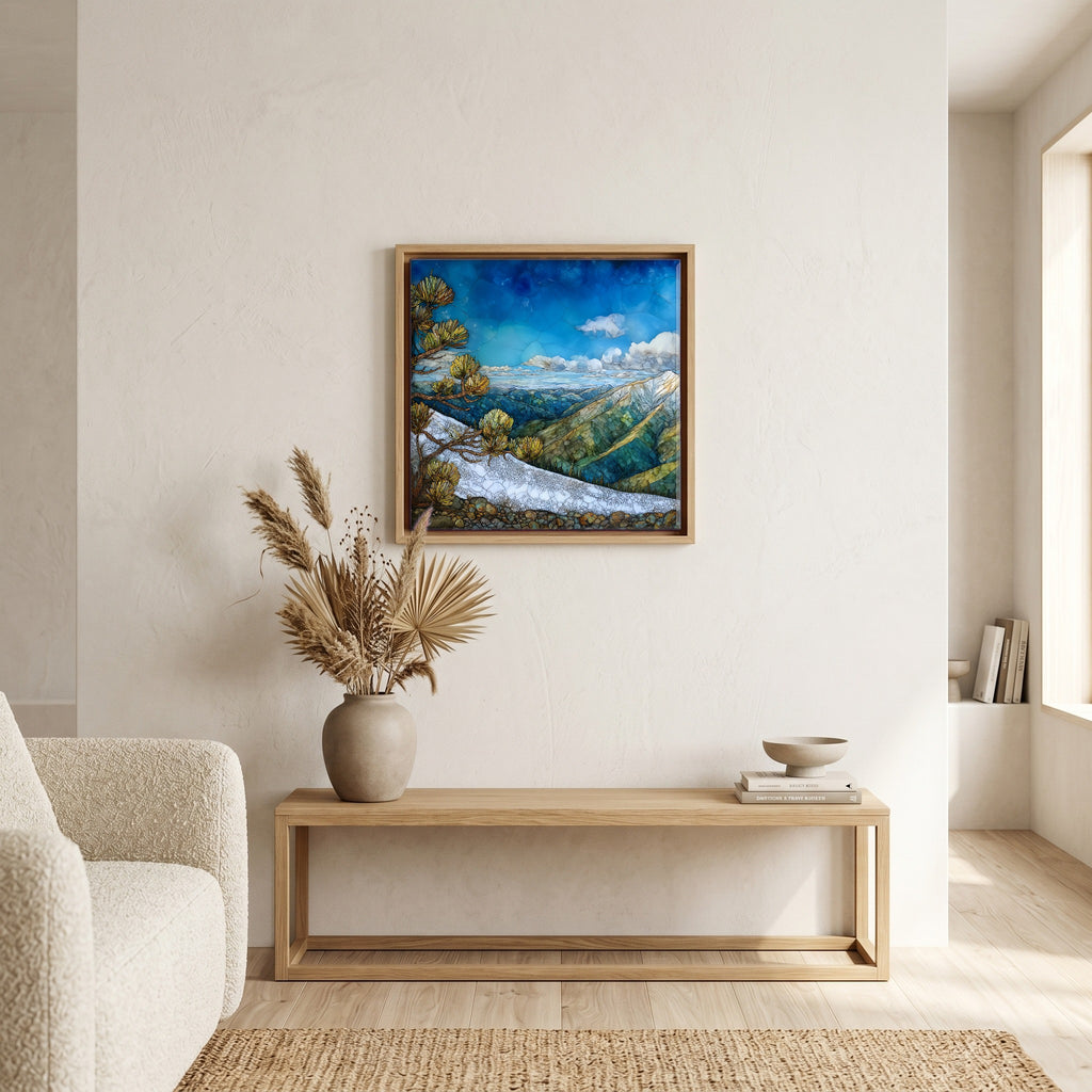 In the living room, above the sofa.