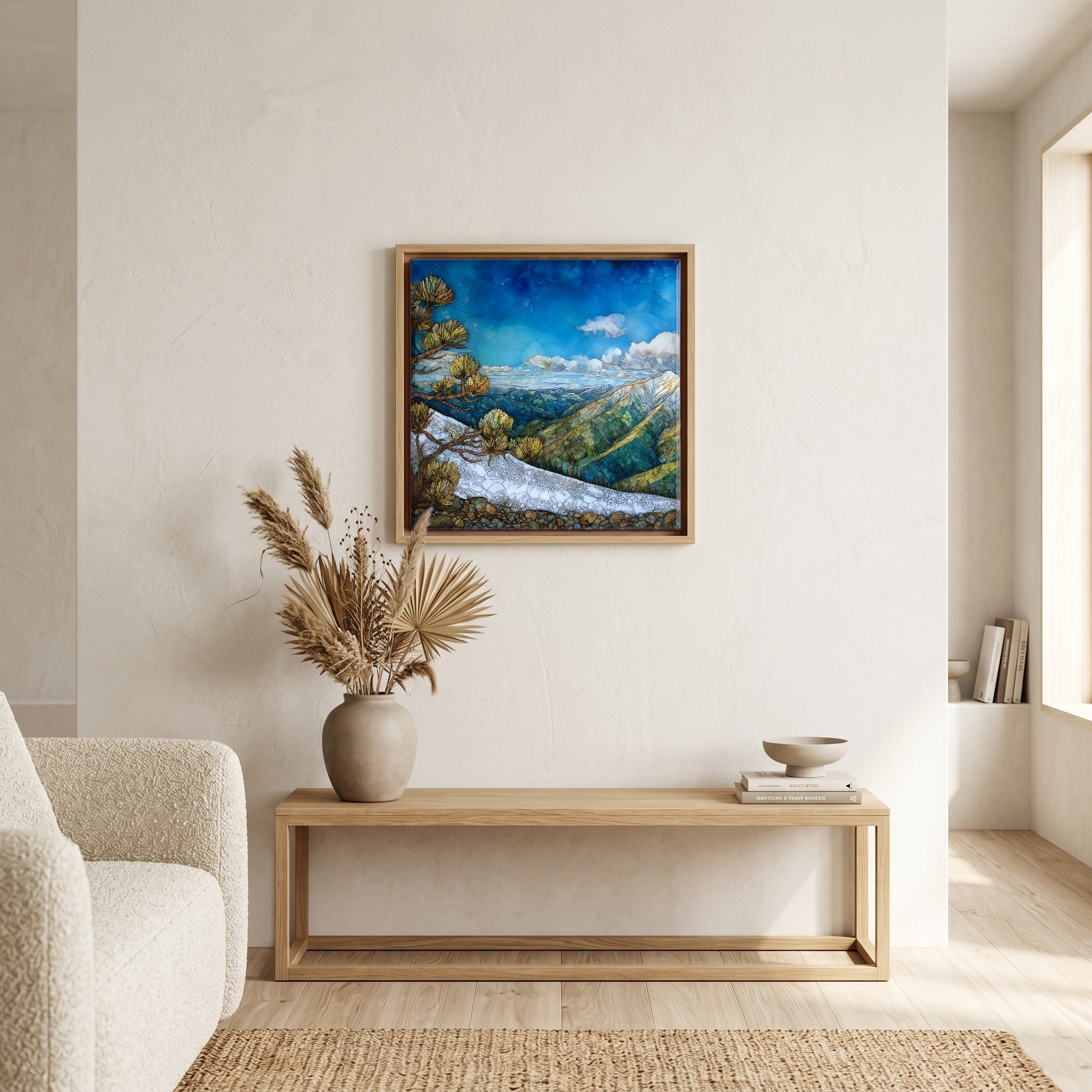 In the living room, above the sofa.