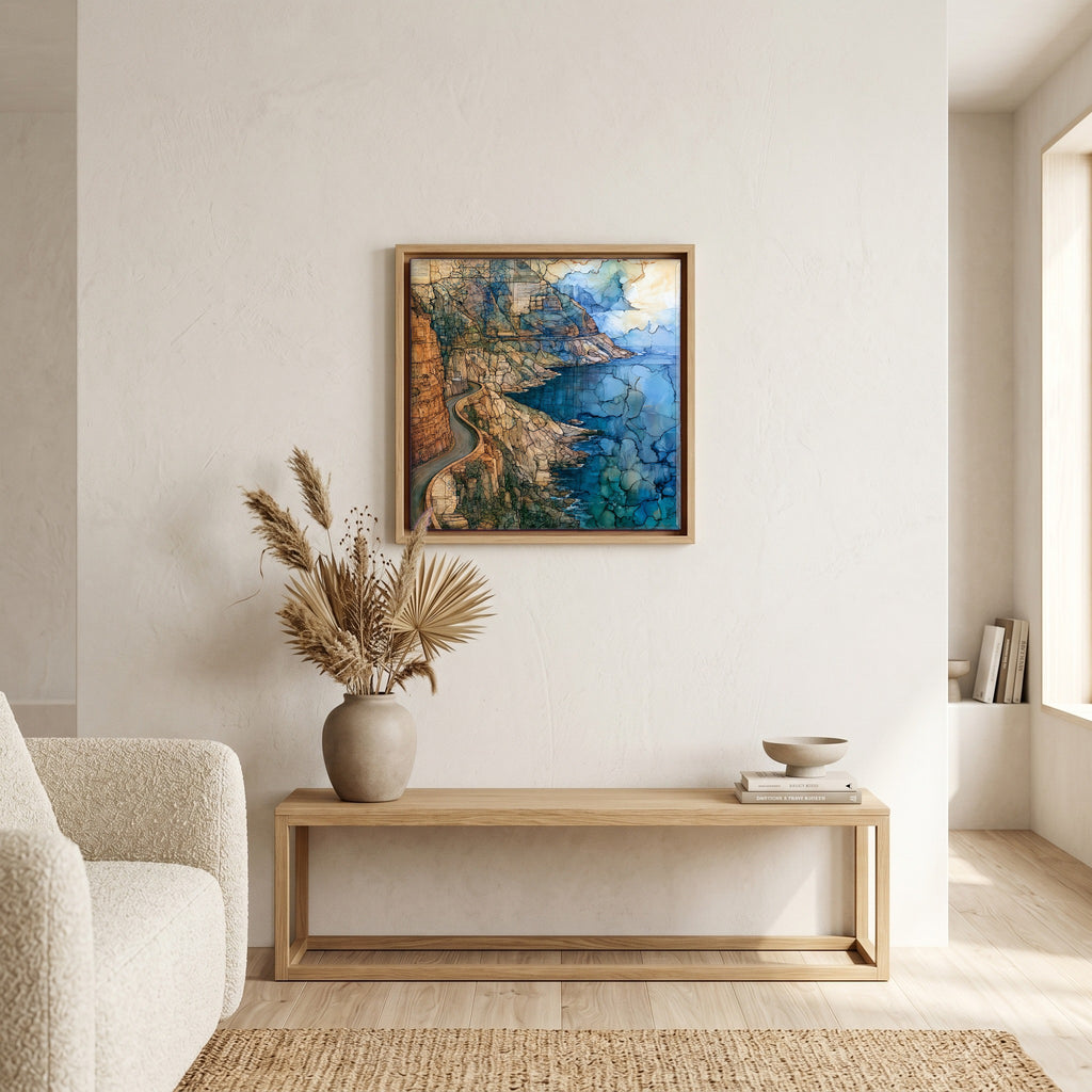 In the living room, above the sofa.