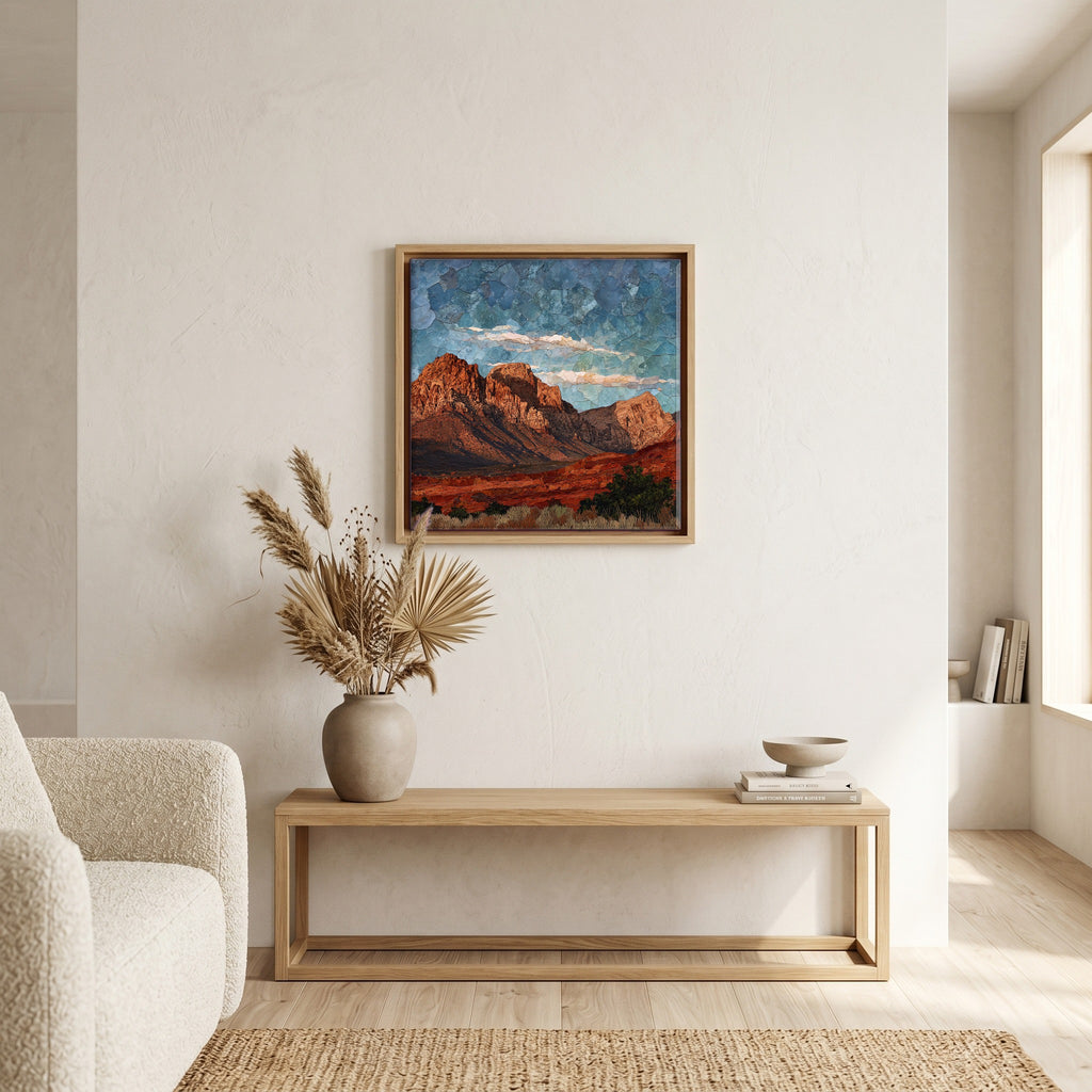 In the living room, above the sofa.