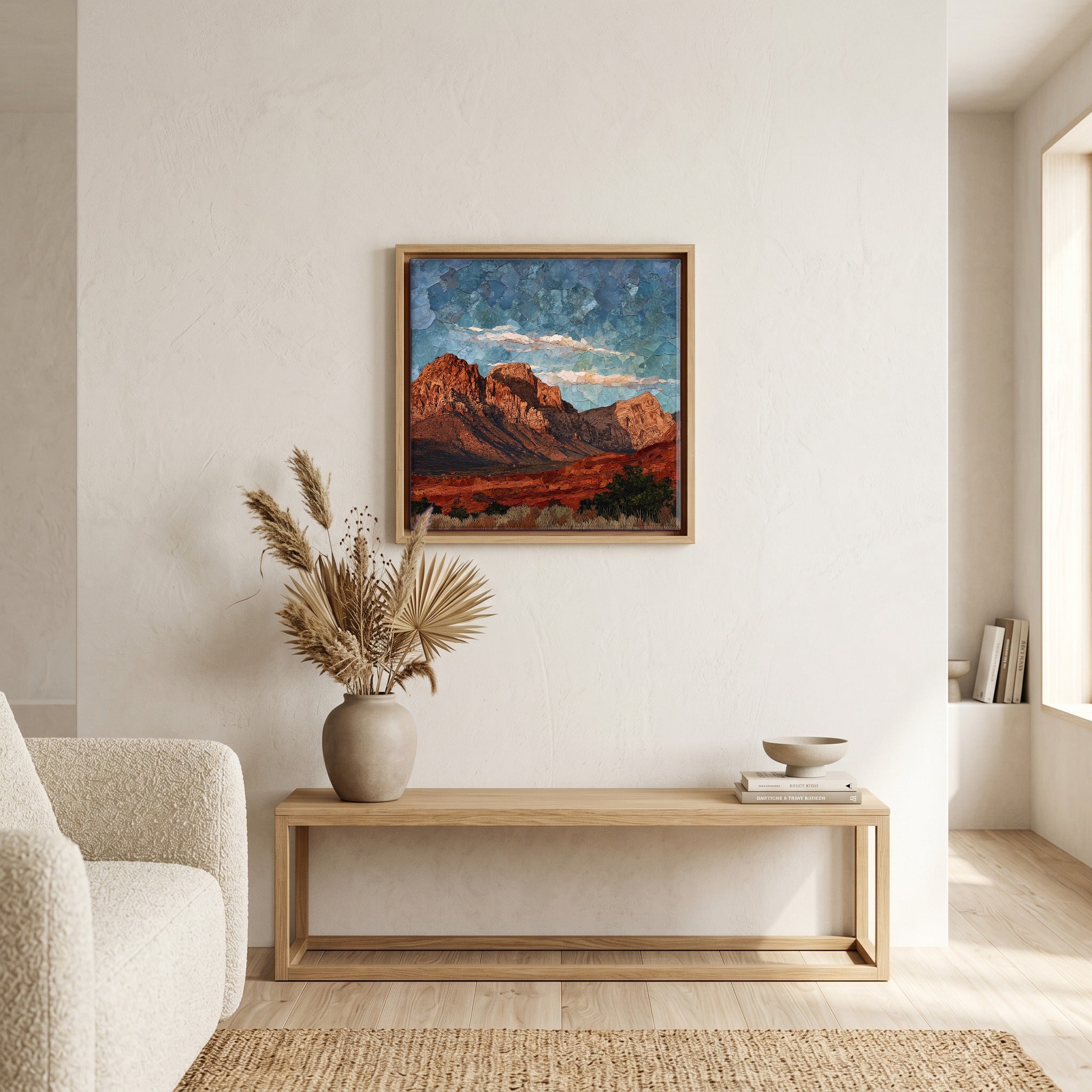 In the living room, above the sofa.