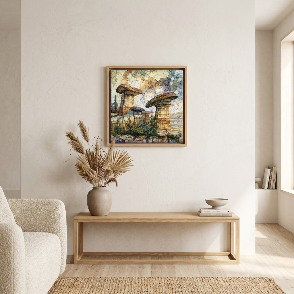 In the living room, above the sofa.