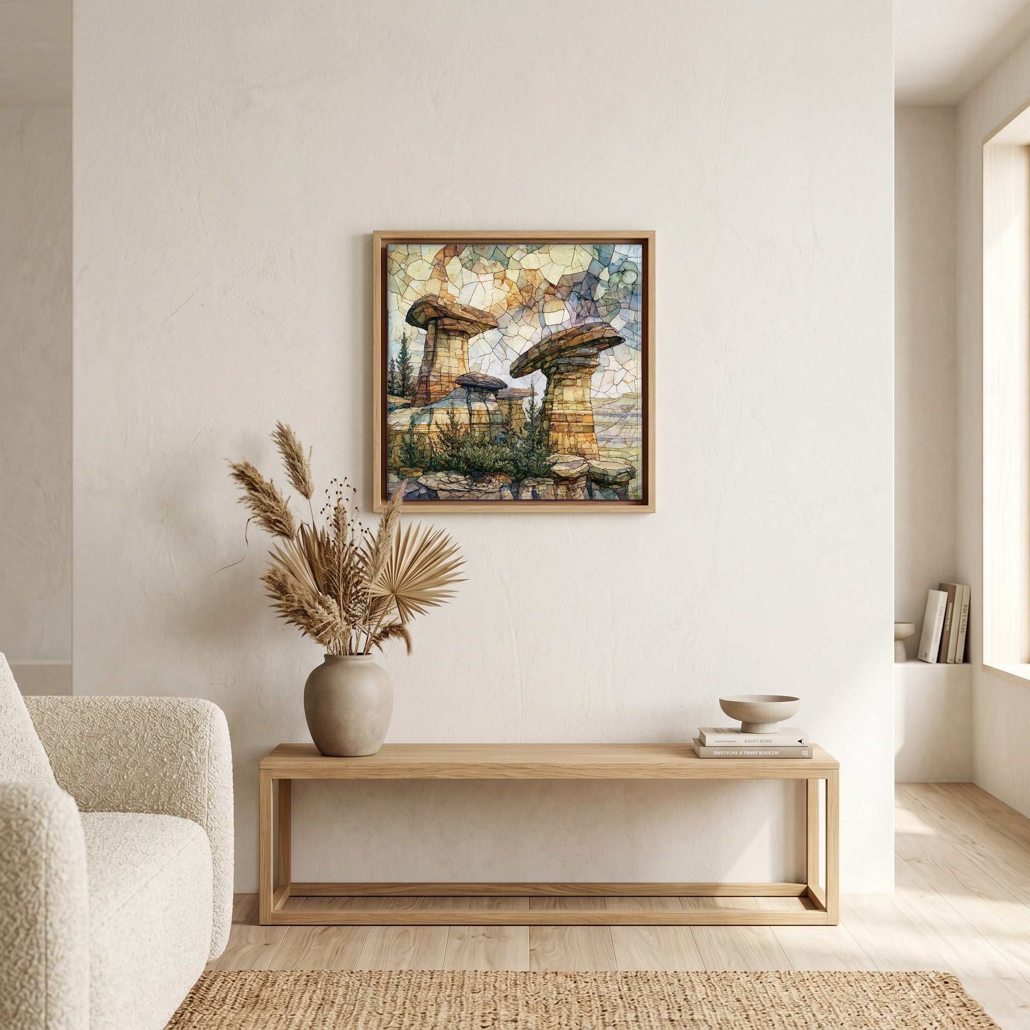 In the living room, above the sofa.