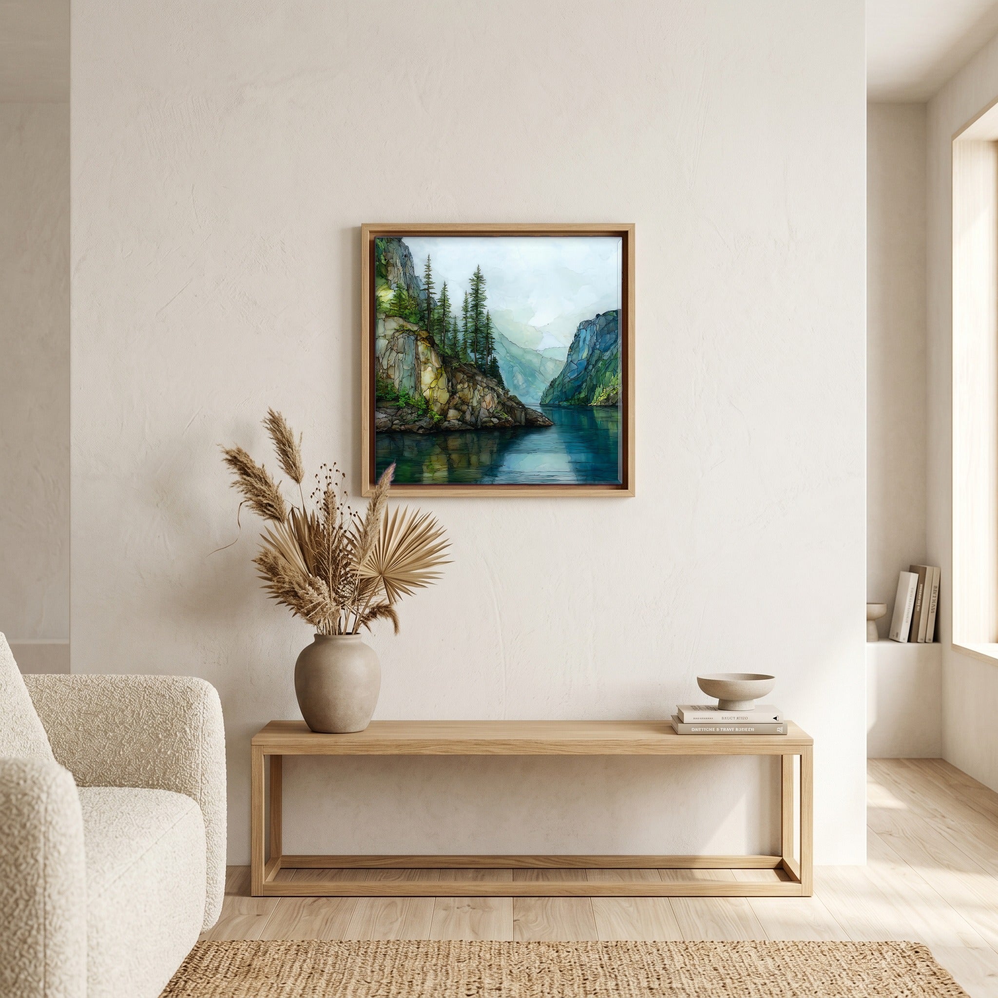 In the living room, above the sofa.