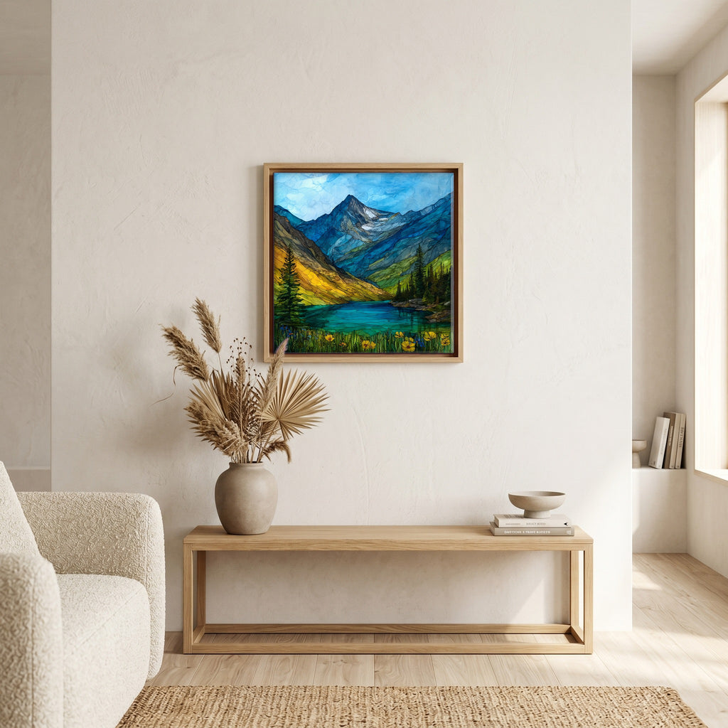 In the living room, above the sofa.