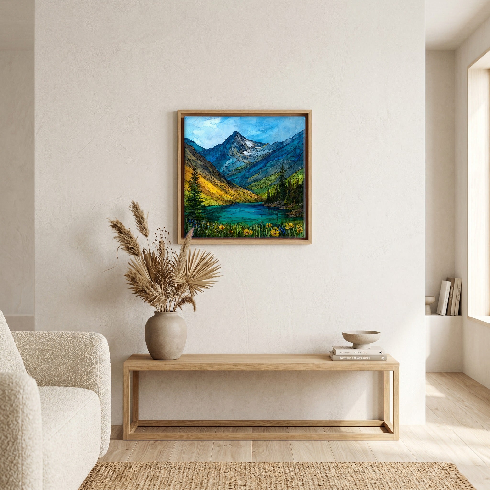 In the living room, above the sofa.