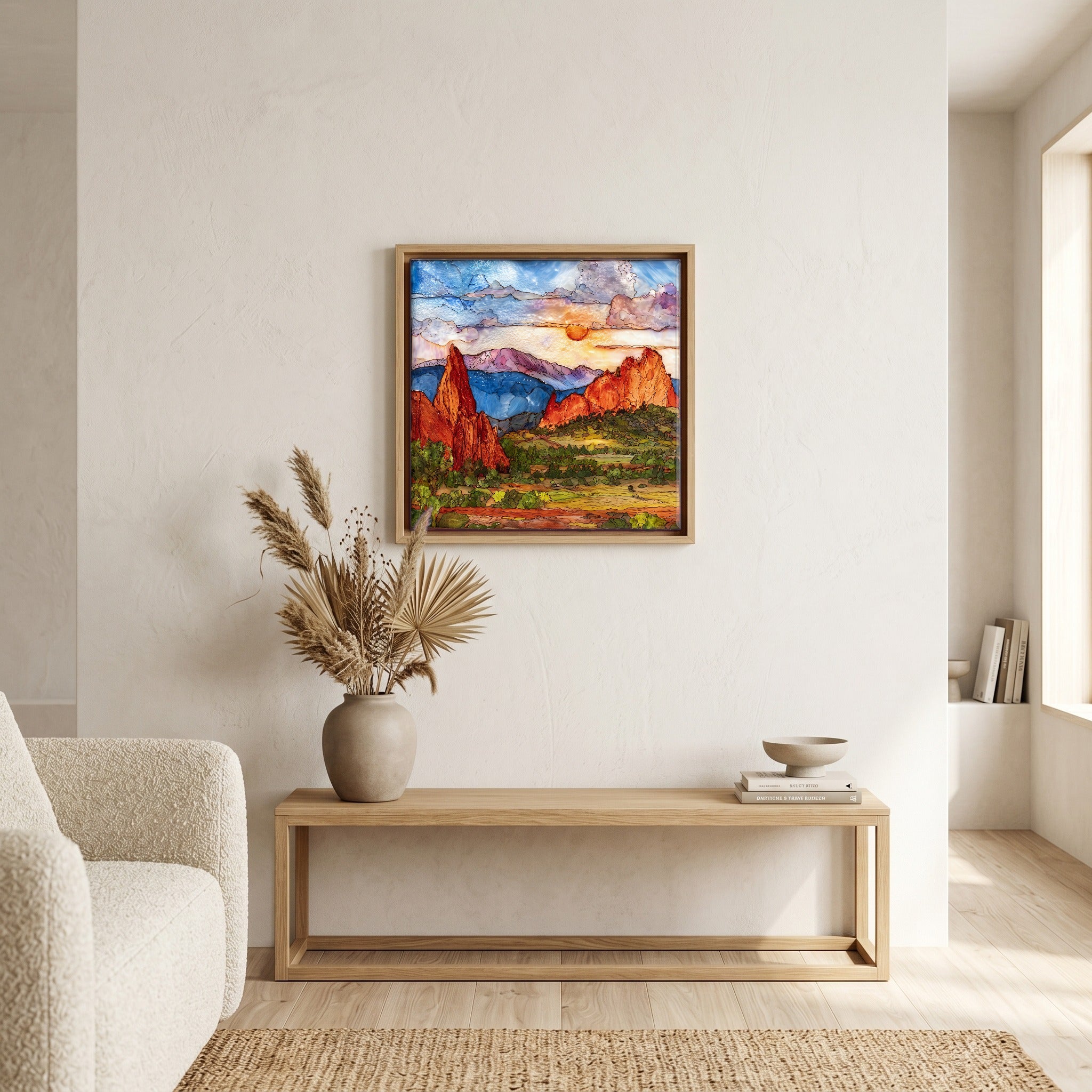 In the living room, above the sofa.
