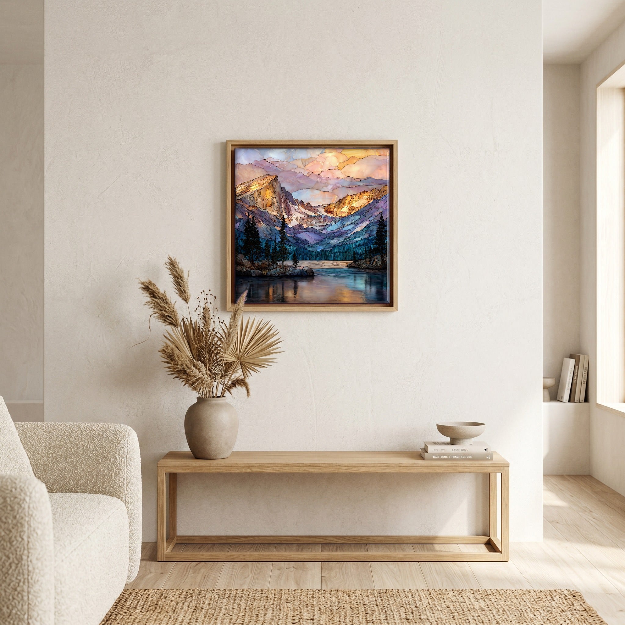In the living room, above the sofa.
