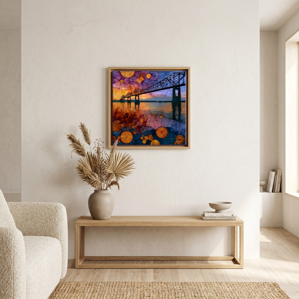 In the living room, above the sofa.