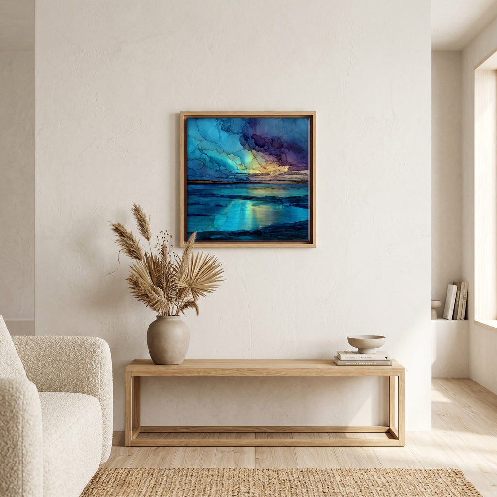 In the living room, above the sofa.