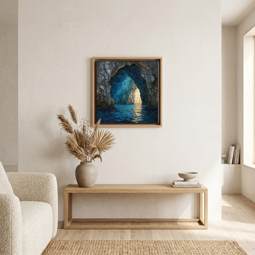 Above the bench, in a warm oak surround.