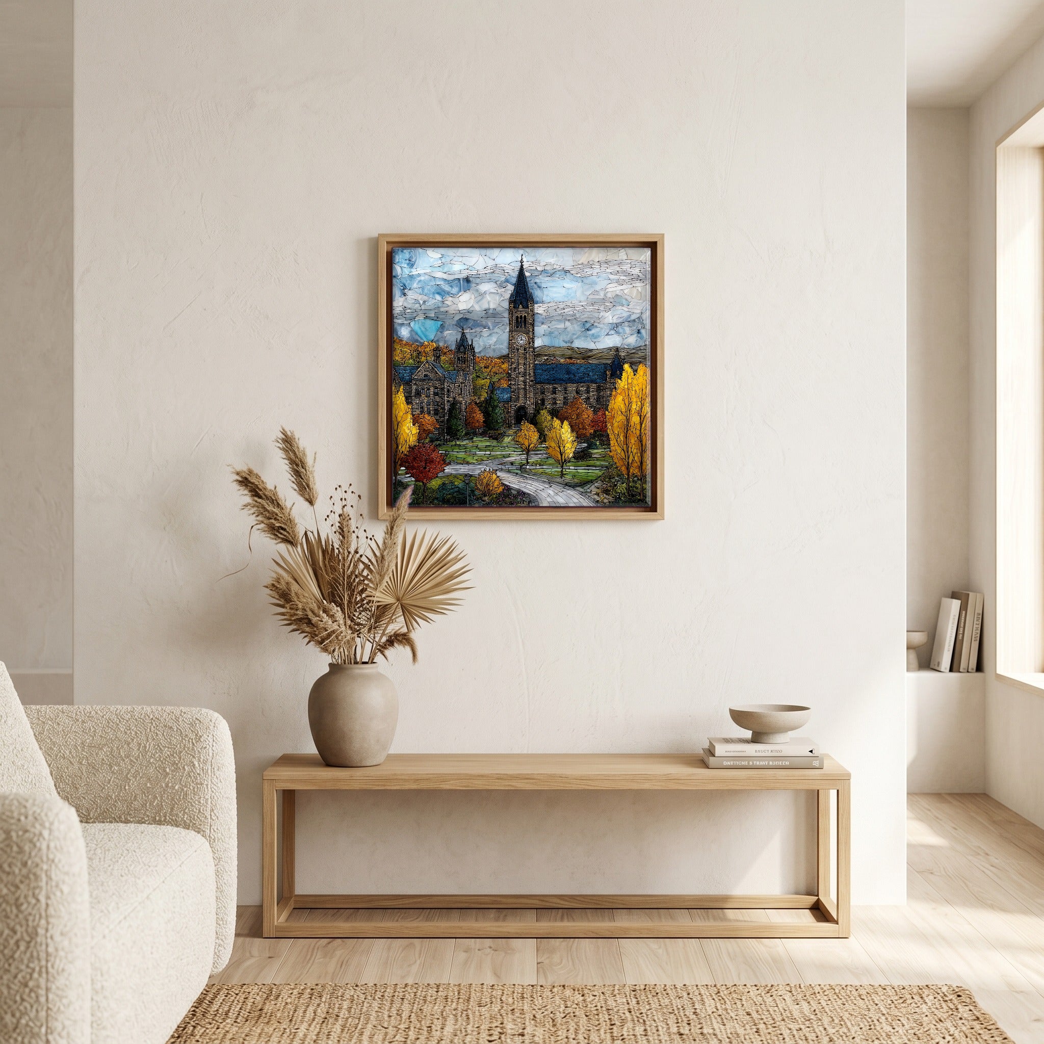 In the living room, above the sofa.