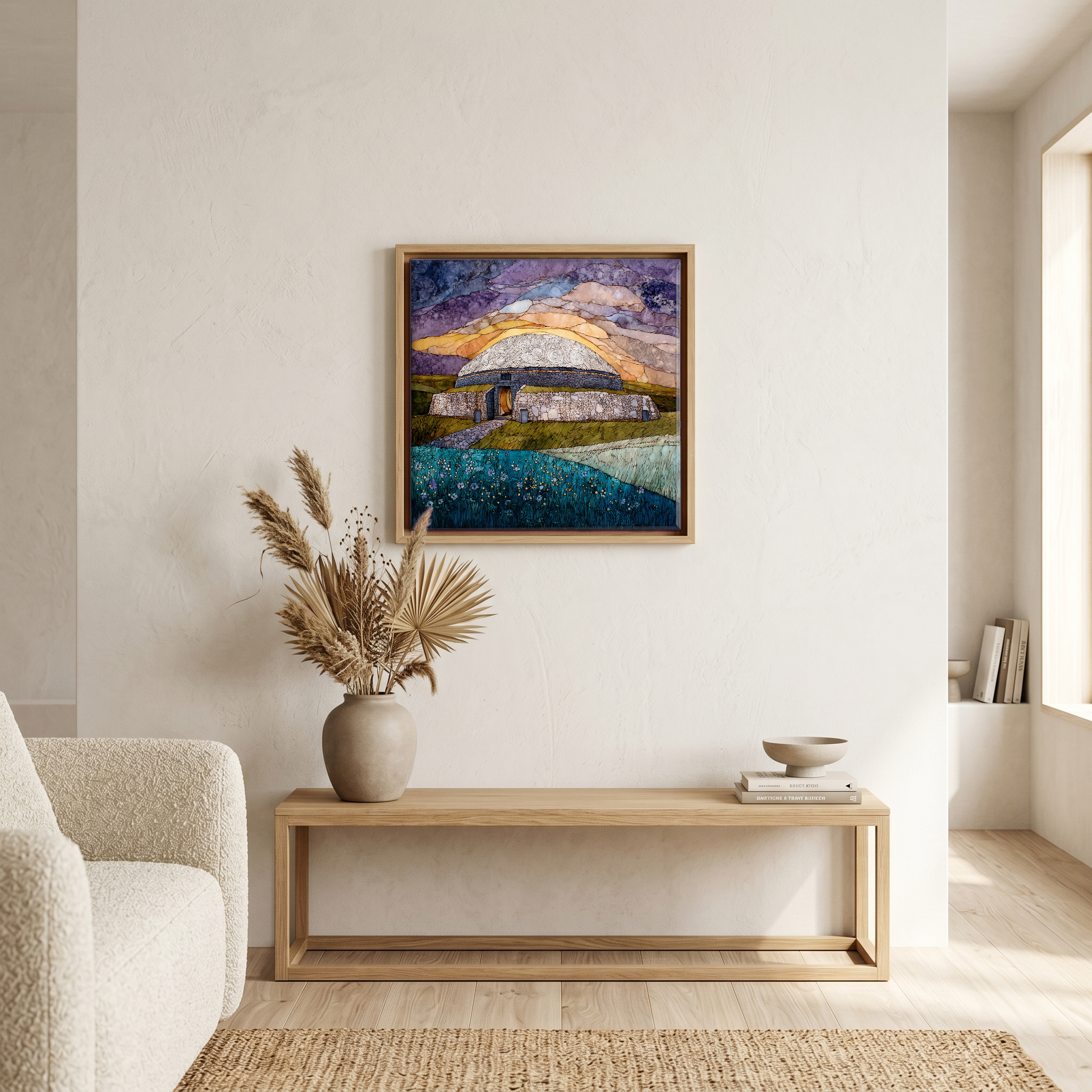 Above the bench, in a warm oak surround.