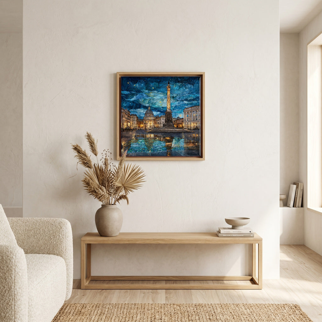 Above the bench, in a warm oak surround.