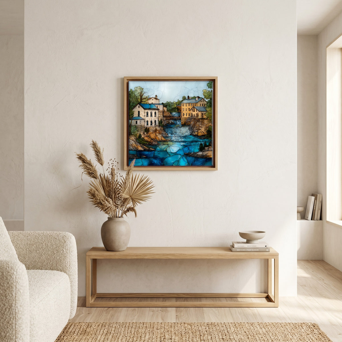 In the living room, above the sofa.