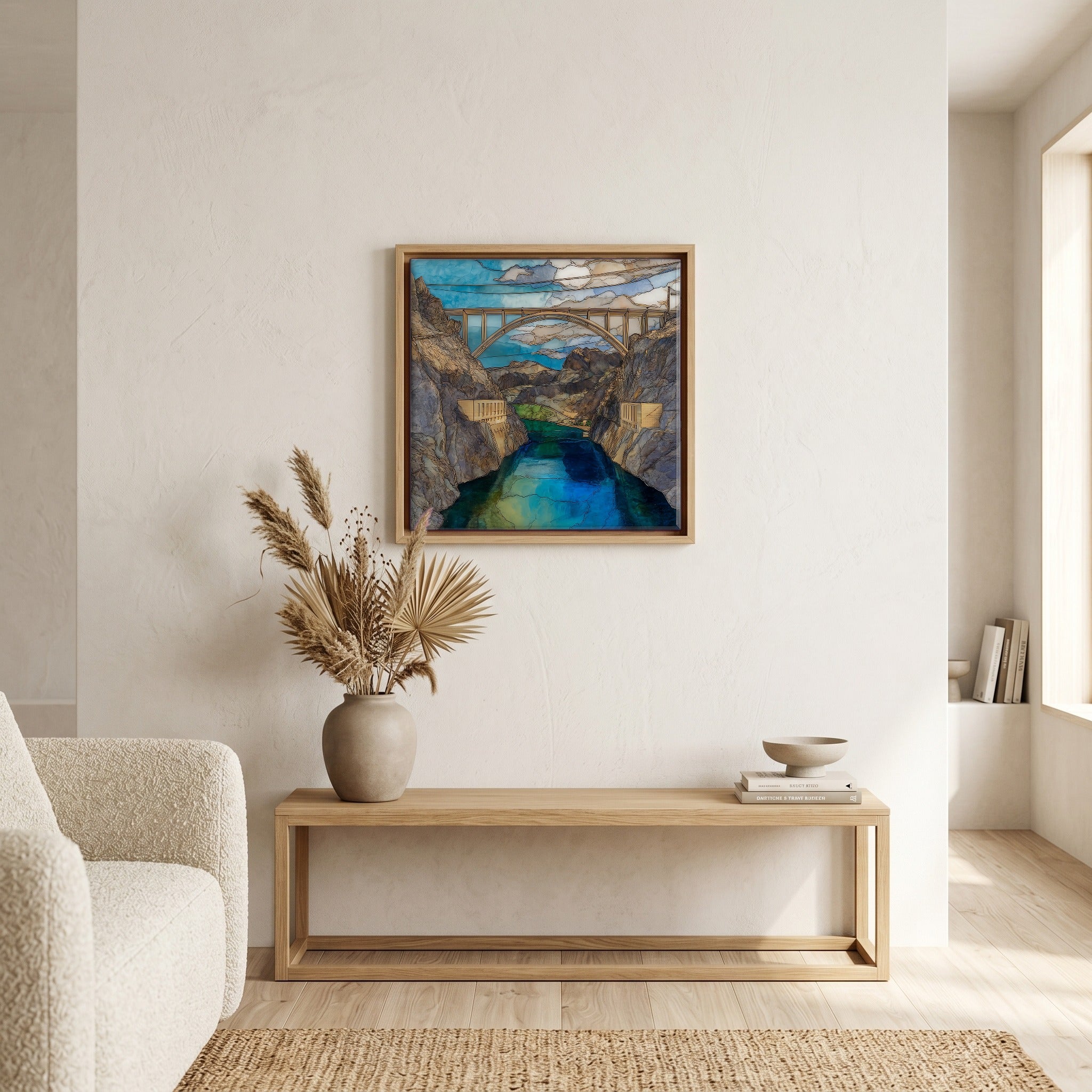In the living room, above the sofa.