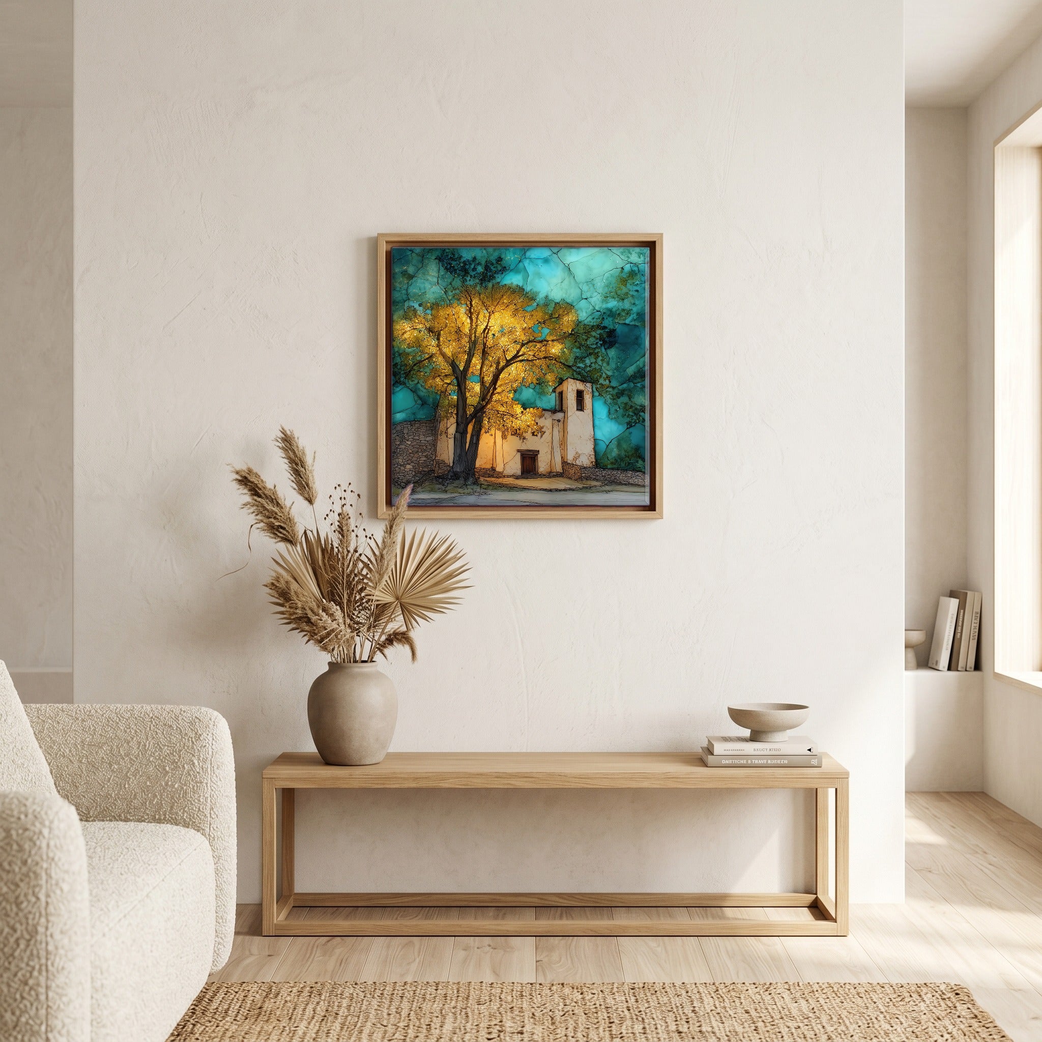 In the living room, above the sofa.