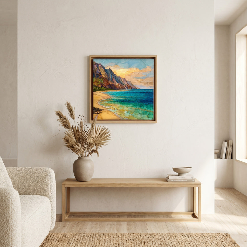 Above the bench, in a warm oak surround.