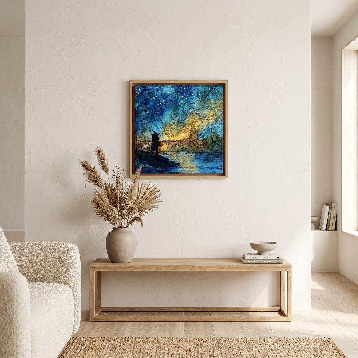 In the living room, above the sofa.