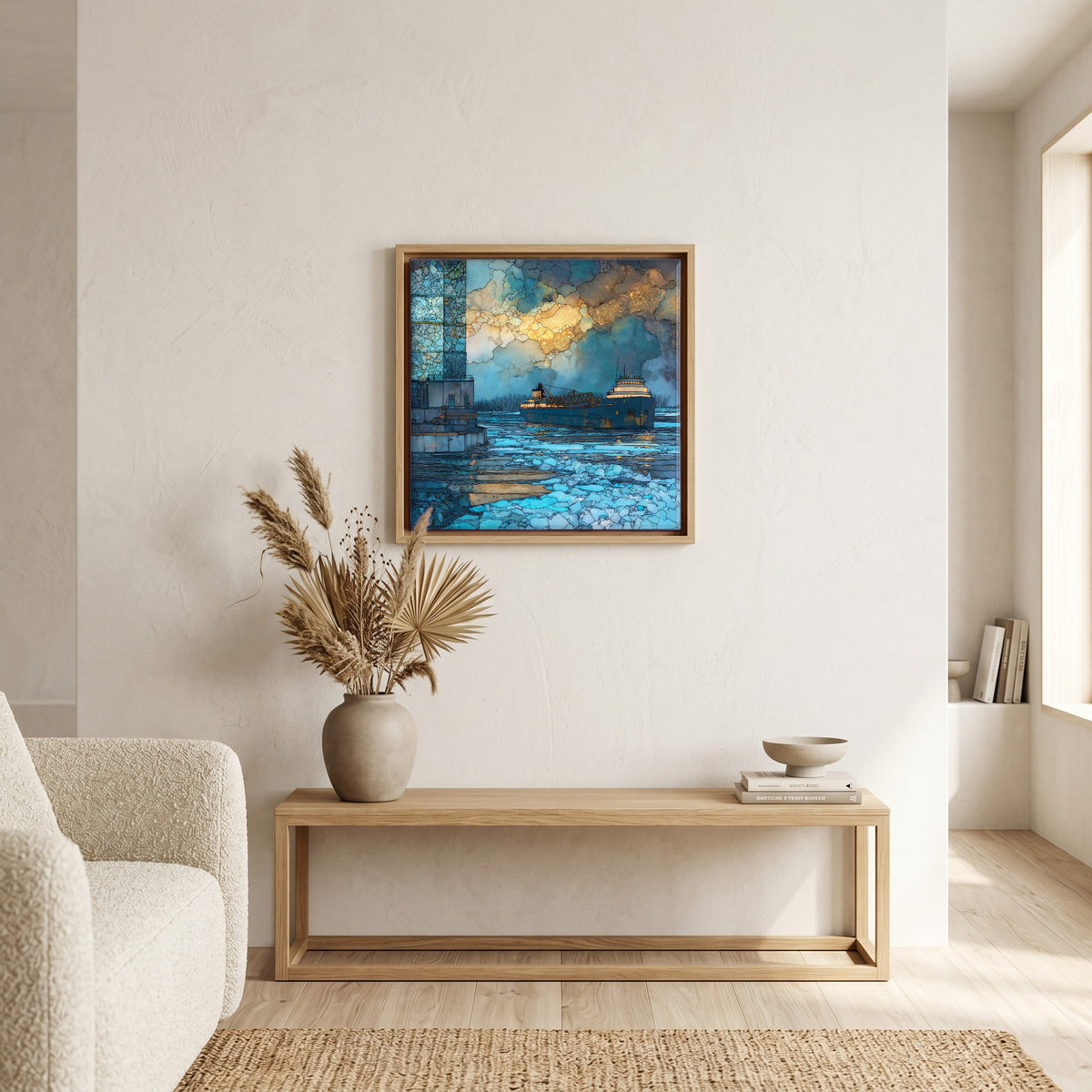 In the living room, above the sofa.