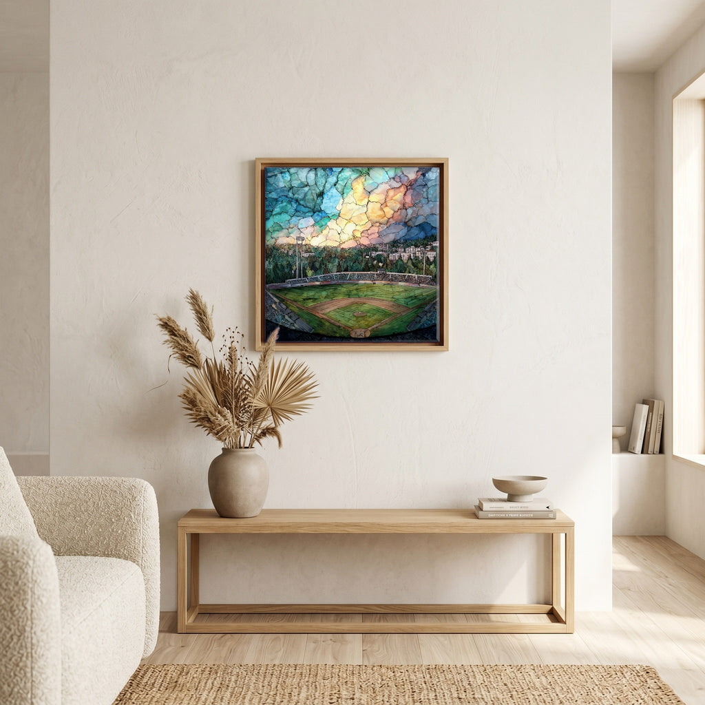 In the living room, above the sofa.