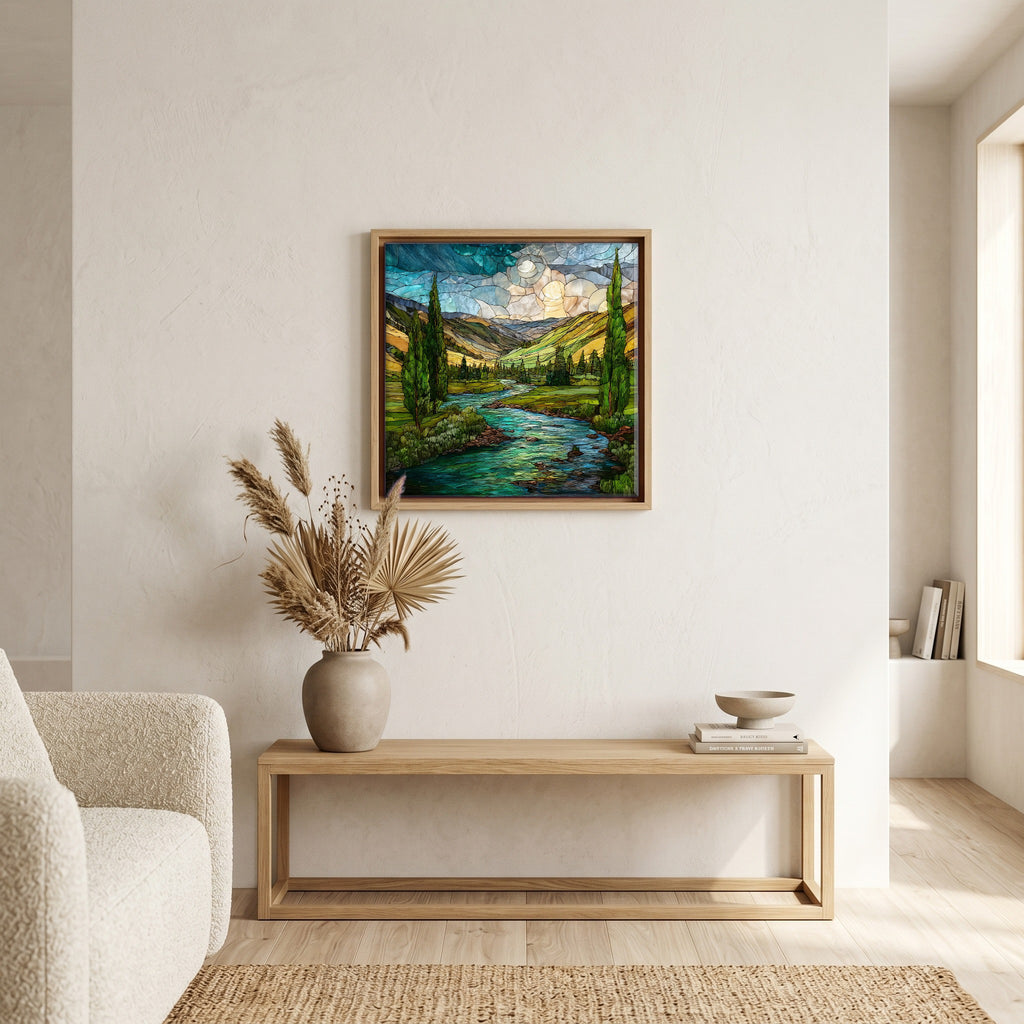 In the living room, above the sofa.