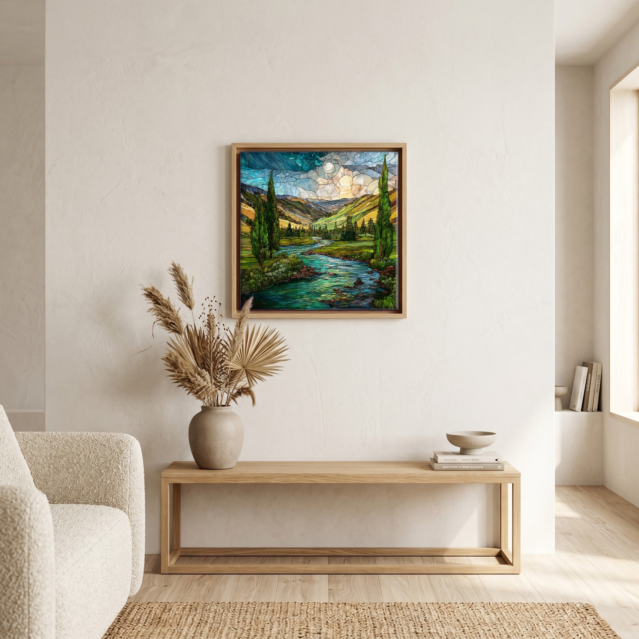 In the living room, above the sofa.