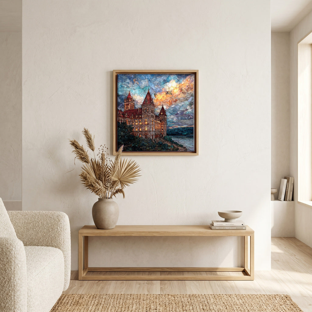 In the living room, above the sofa.