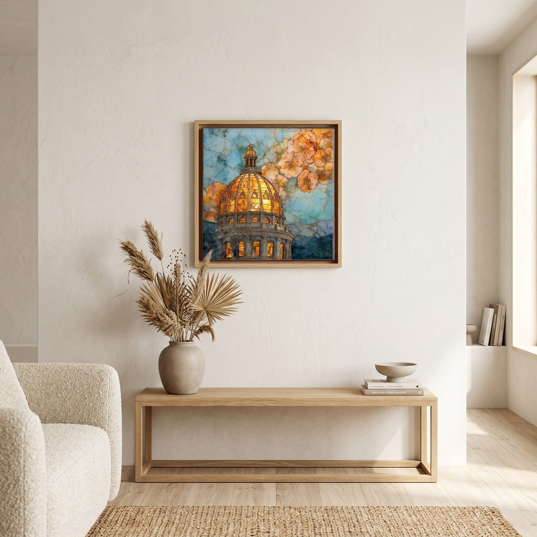 Above the bench, in a warm oak surround.
