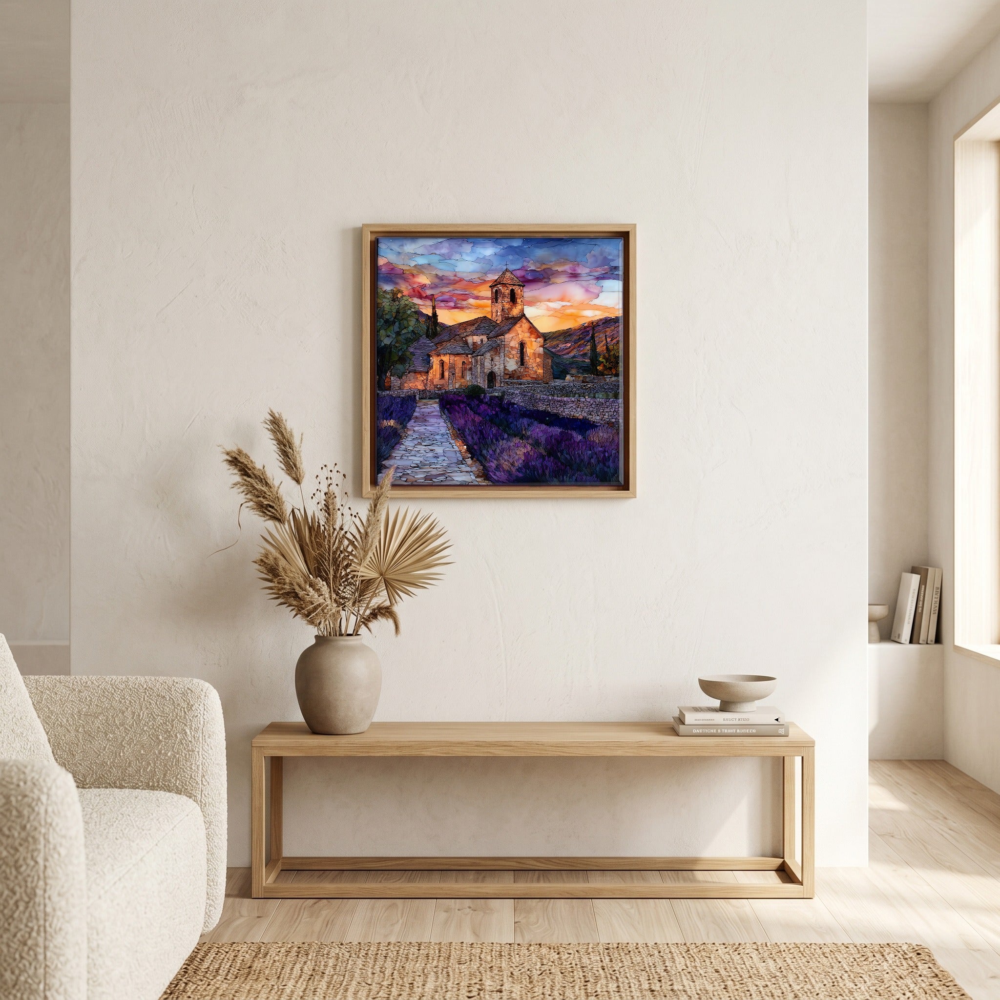Above the bench, in a warm oak surround.