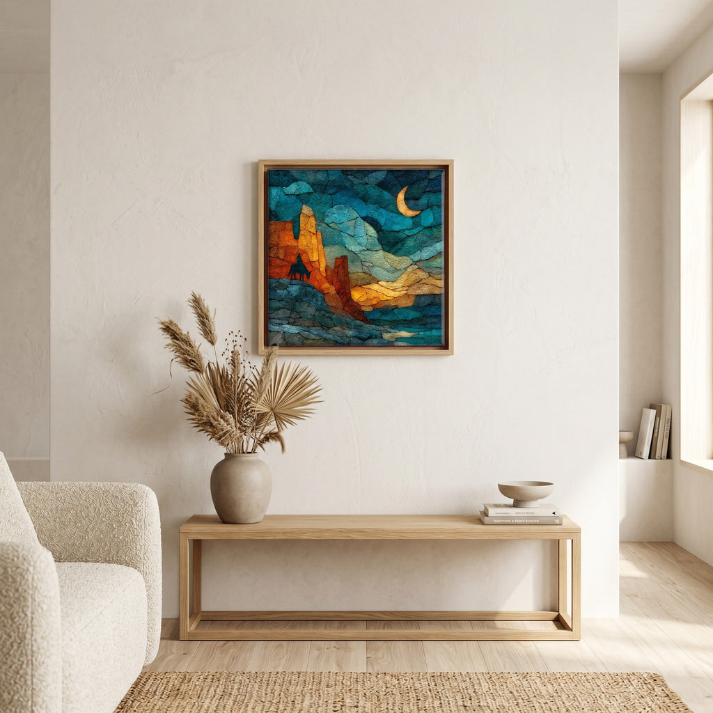 In the living room, above the sofa.