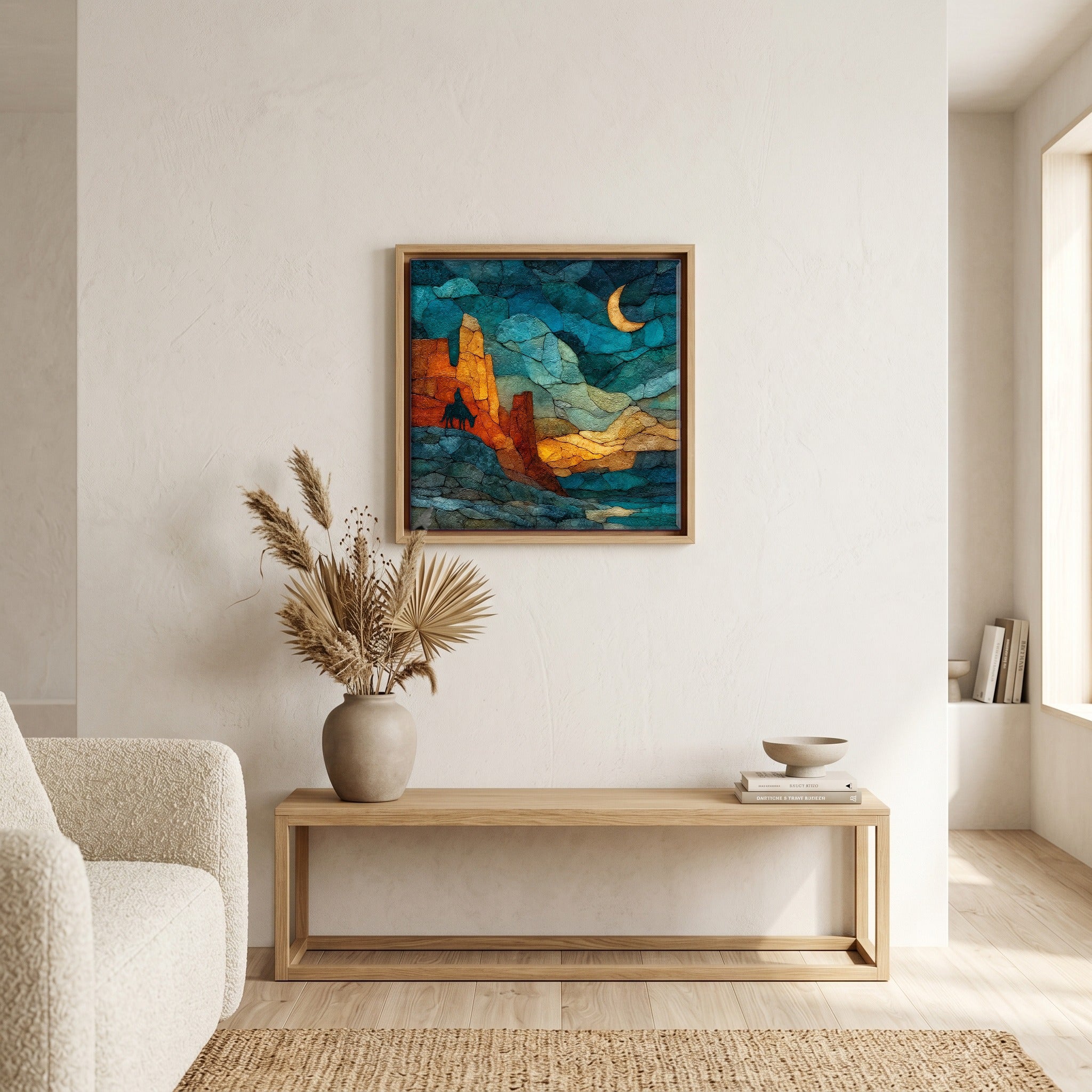 In the living room, above the sofa.