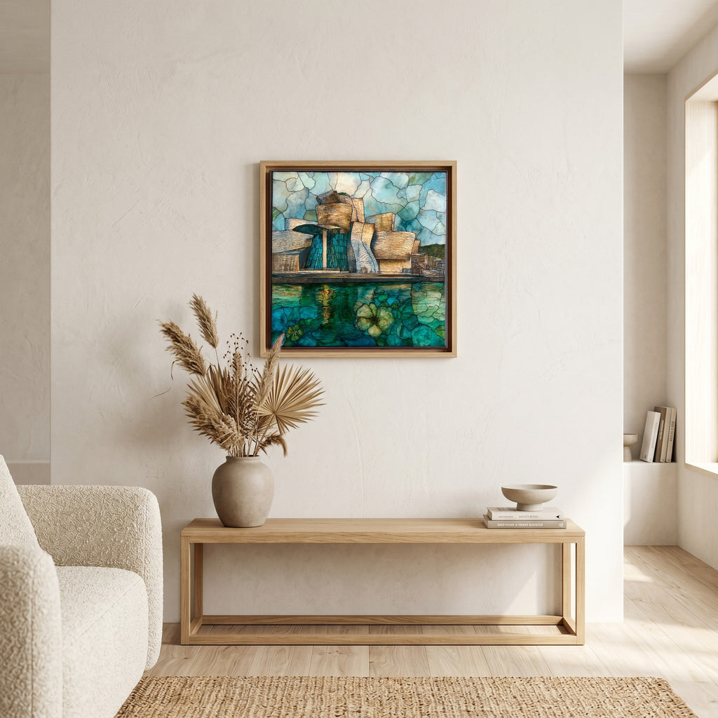 In the living room, above the sofa.
