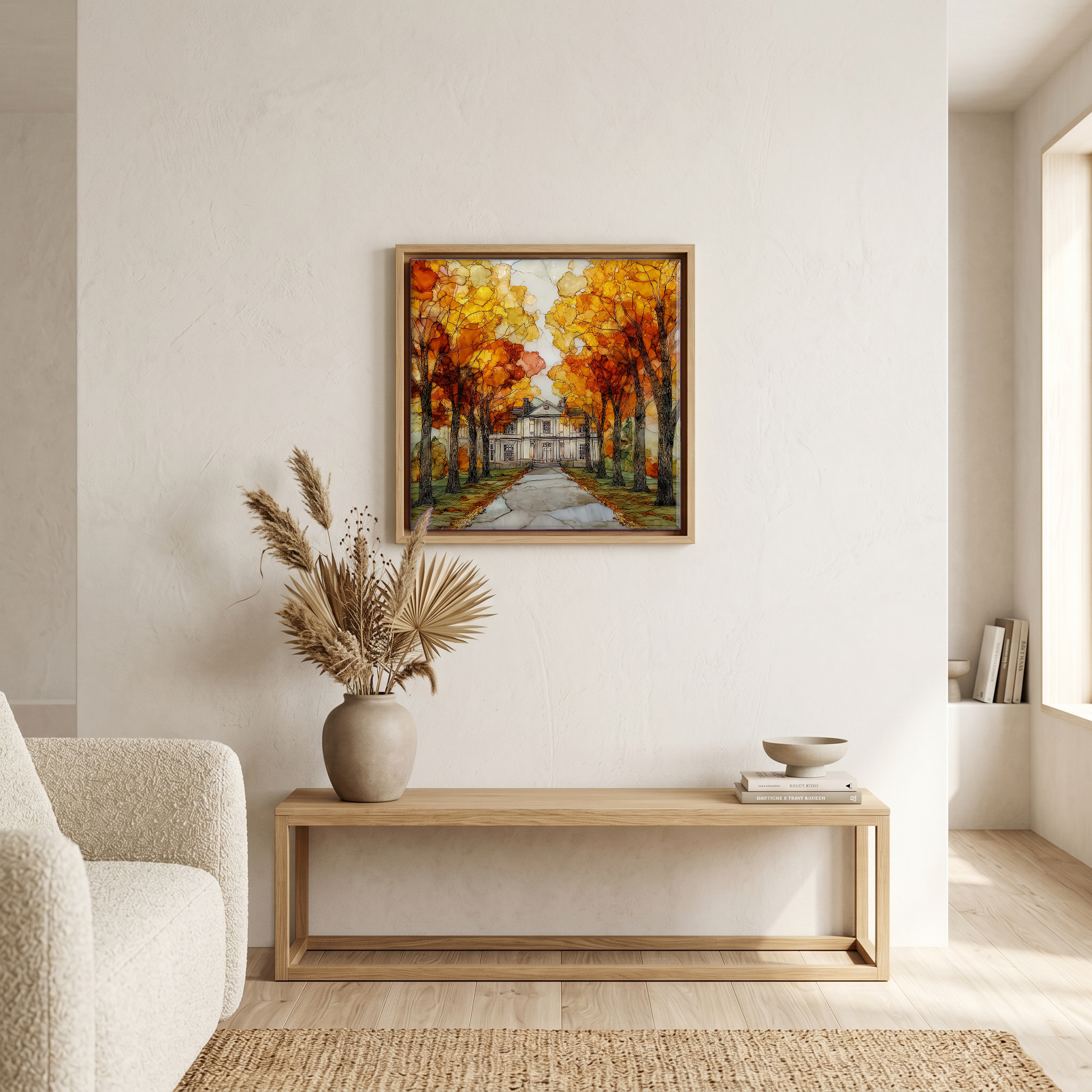 Above the bench, in a warm oak surround.