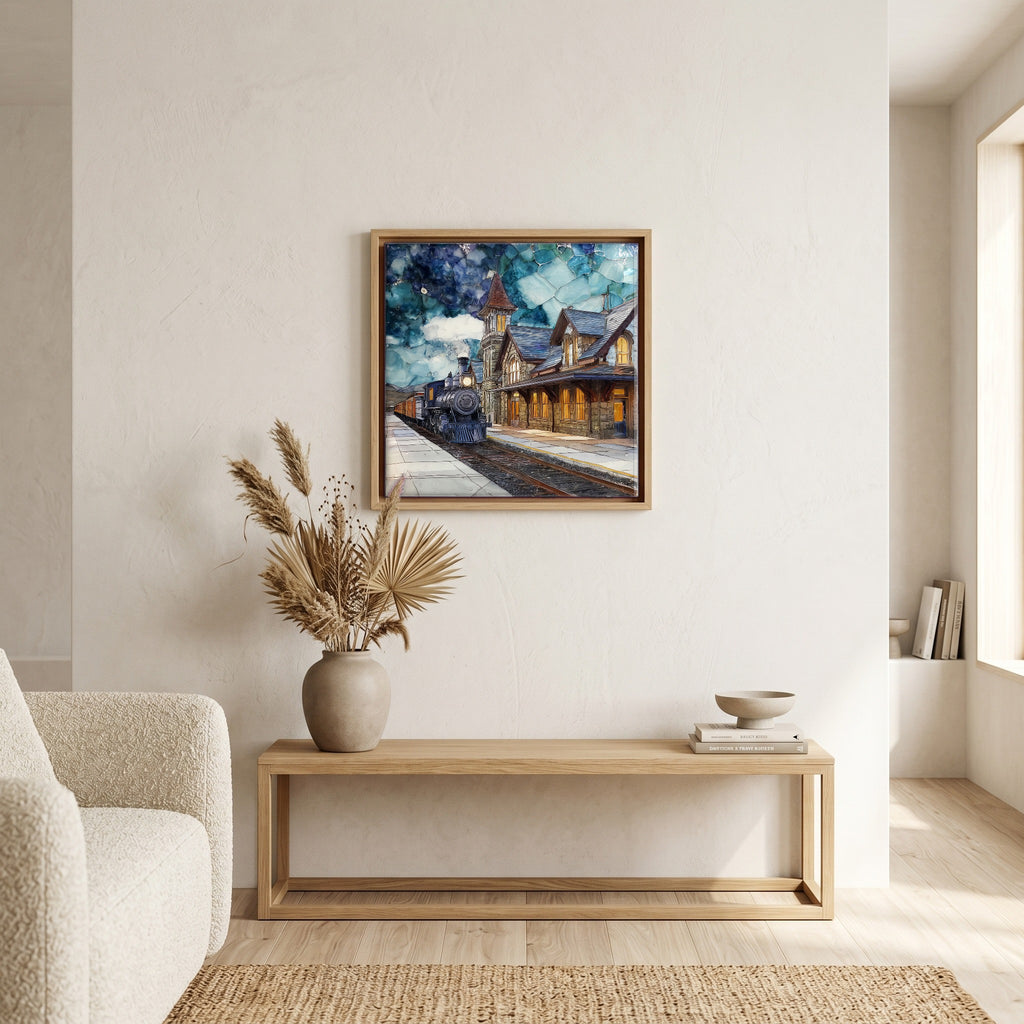 In the living room, above the sofa.