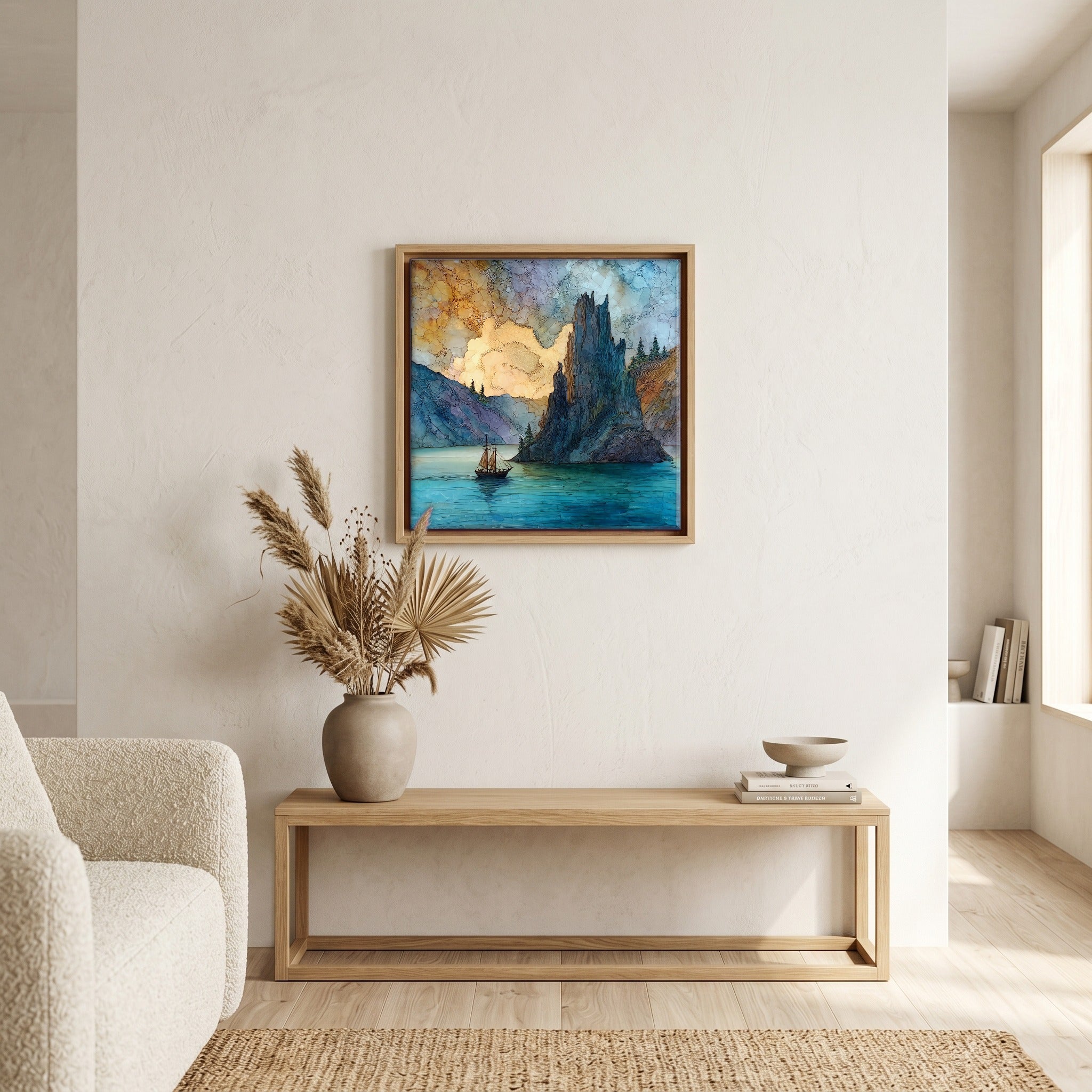 In the living room, above the sofa.