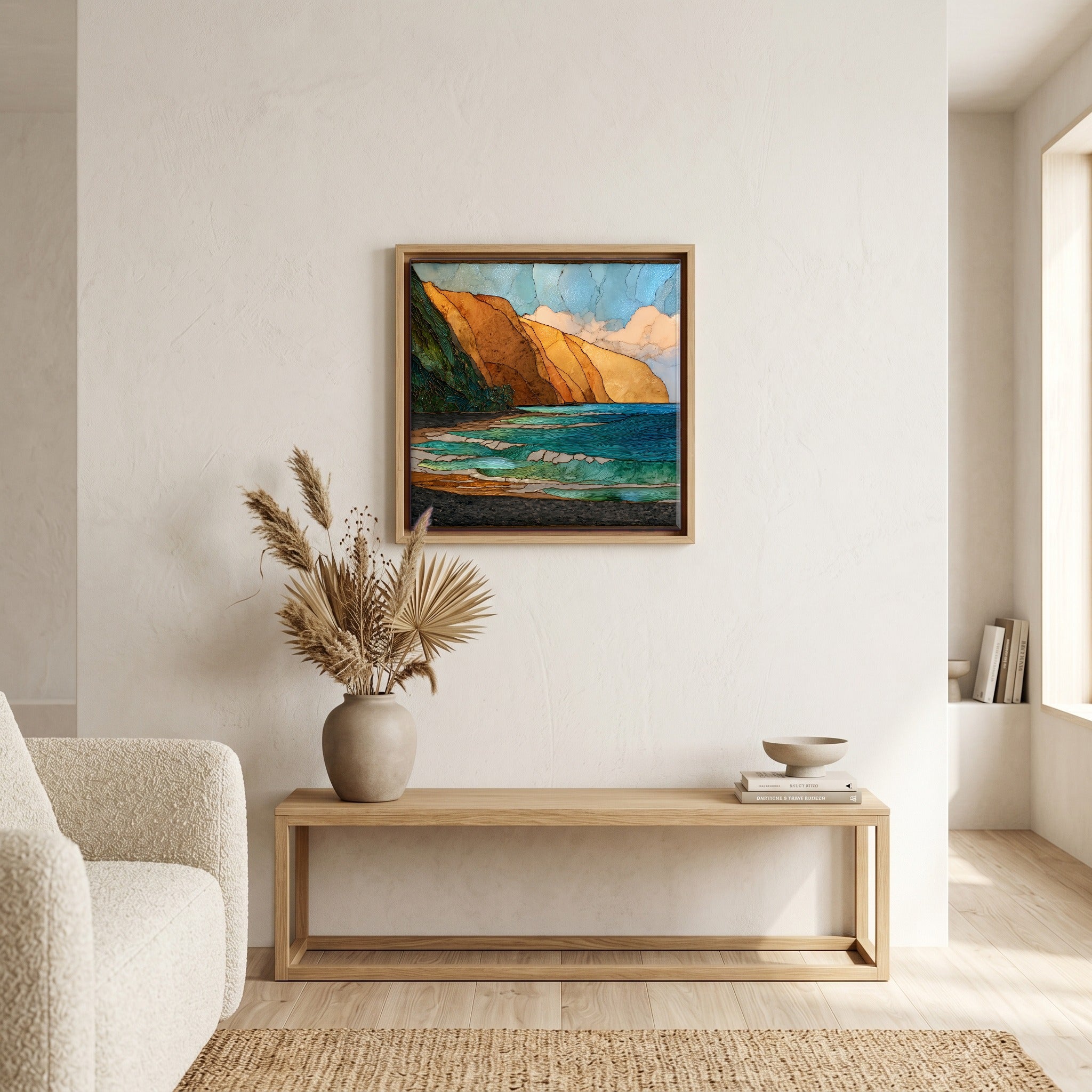 Above the bench, in a warm oak surround.