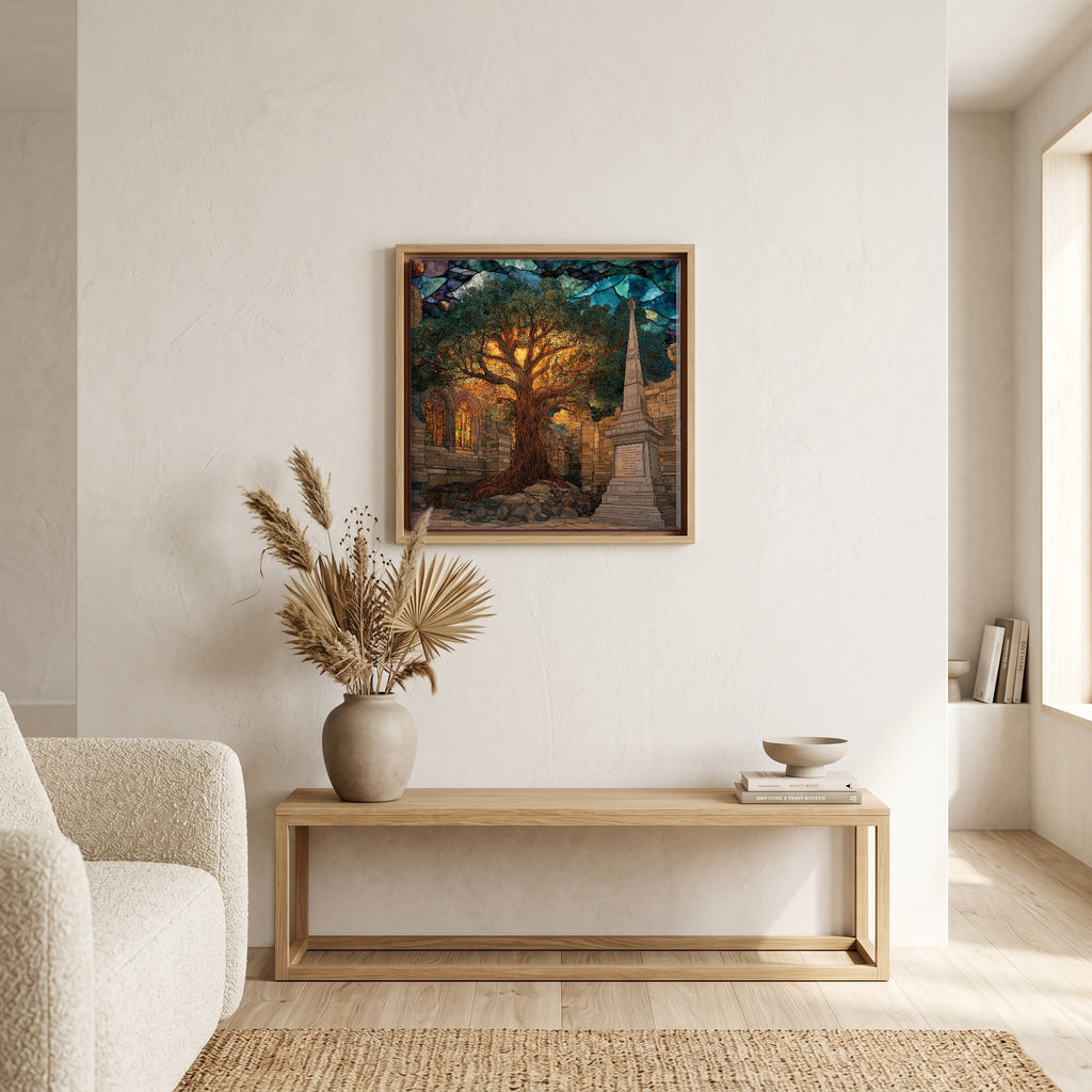 In the living room, above the sofa.